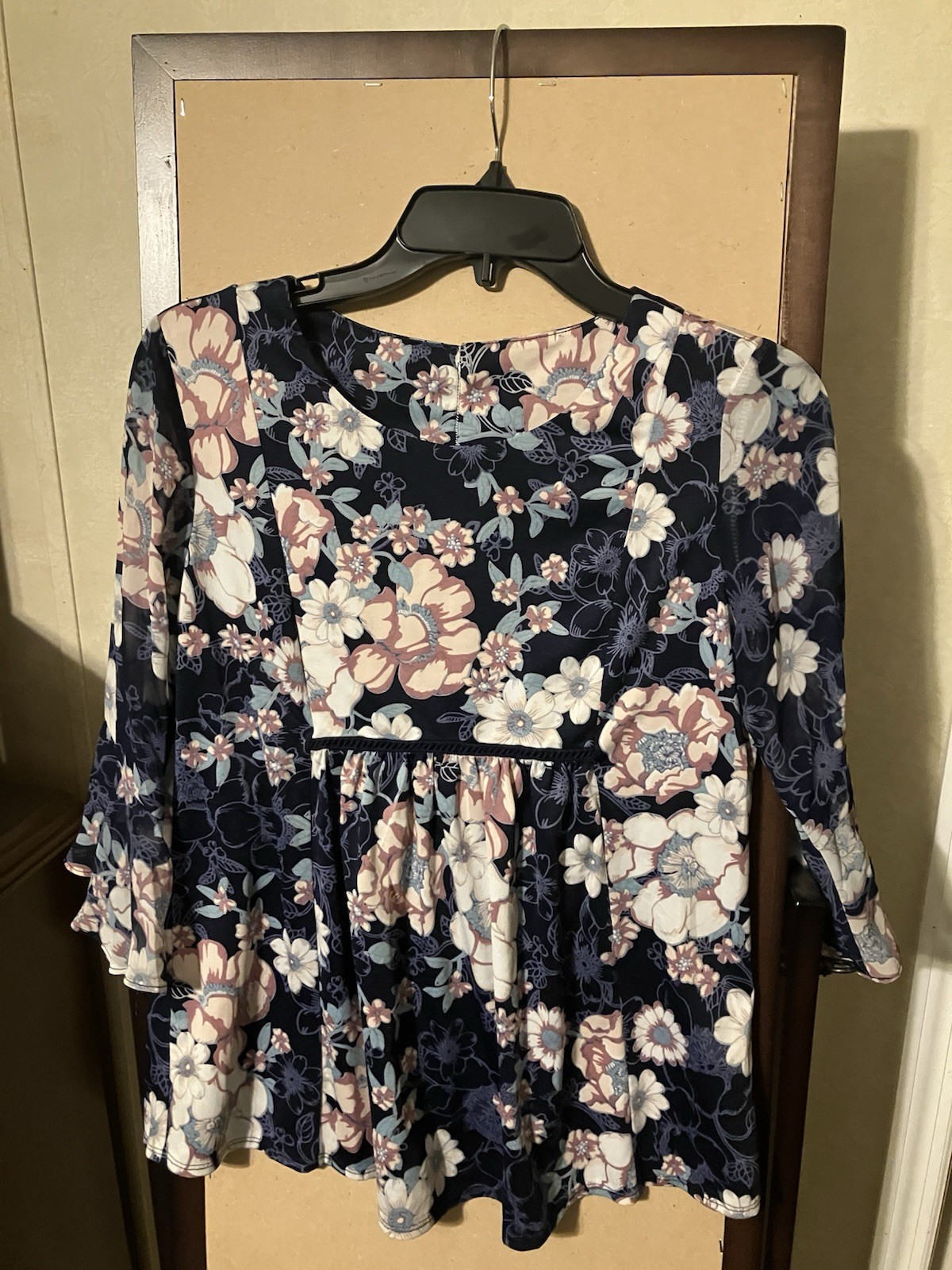 Navy pink white floral empire waist bell sleeve blouse round neck ruffle