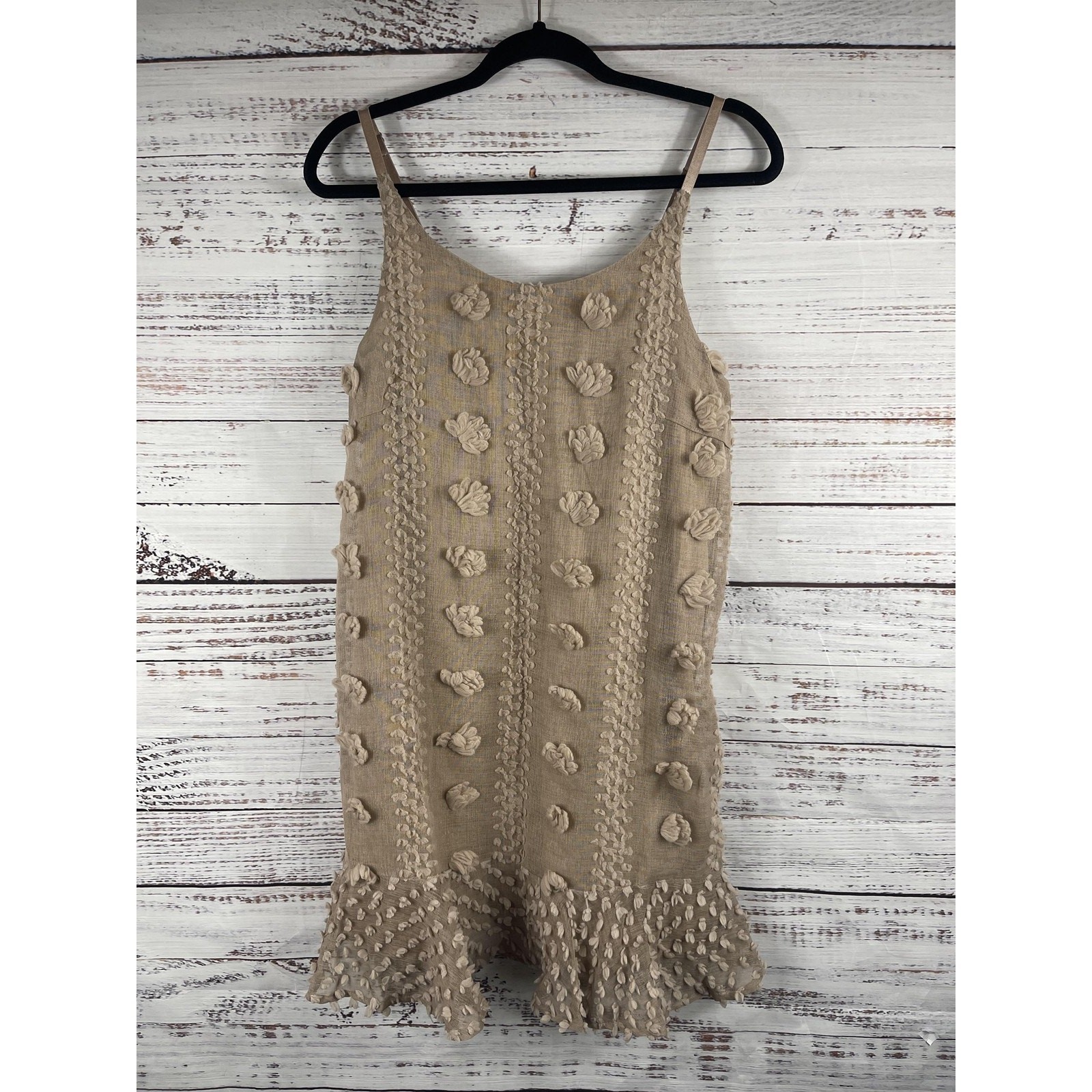 &Merci Dress Women’s Large Beige Textured Sleeveless Midi Ruffle Hem Boho Lined
