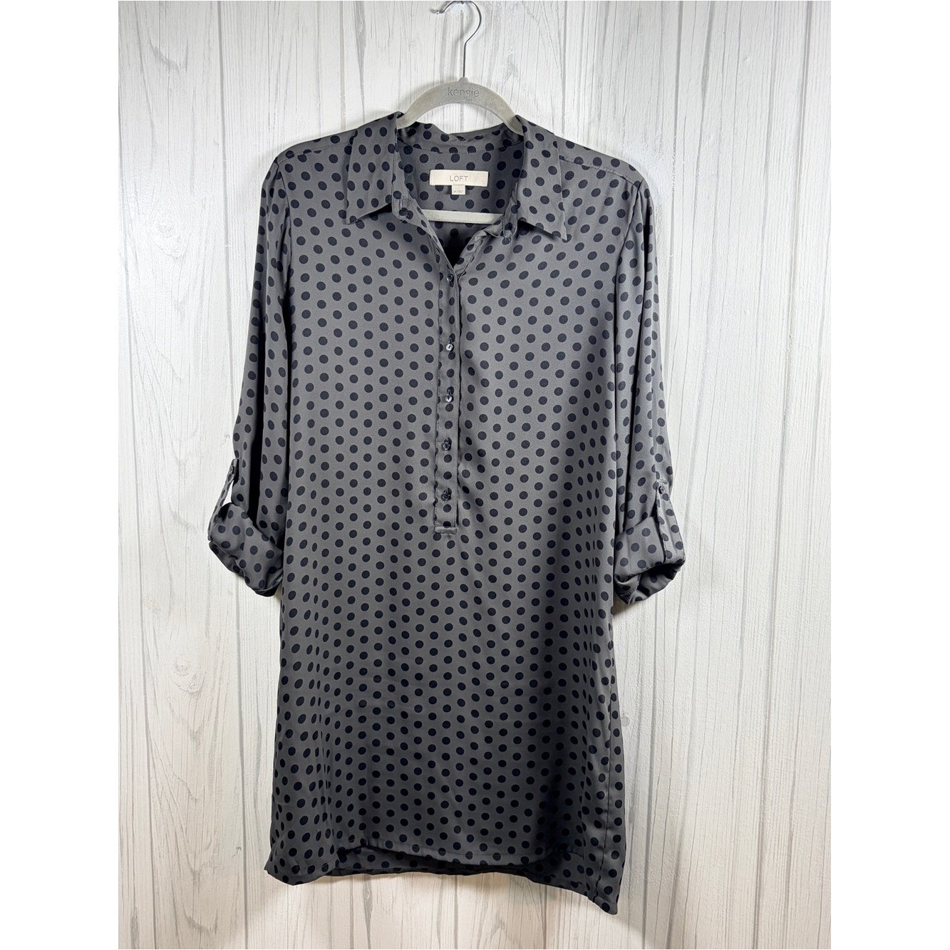 LOFT Lightweight Grey and Black Polka-Dot Mini Shift Shirt Dress, Medium