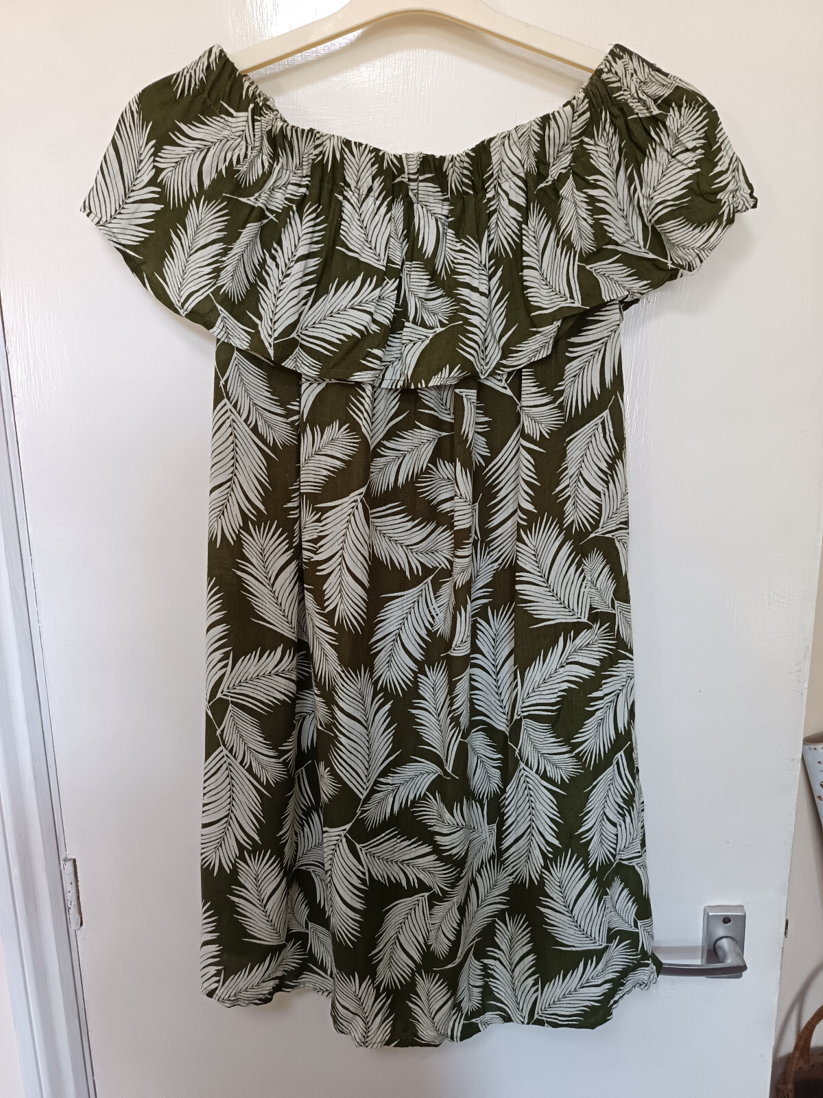 Primark dress olive green white leaf pattern off shoulder 30inches long UK10