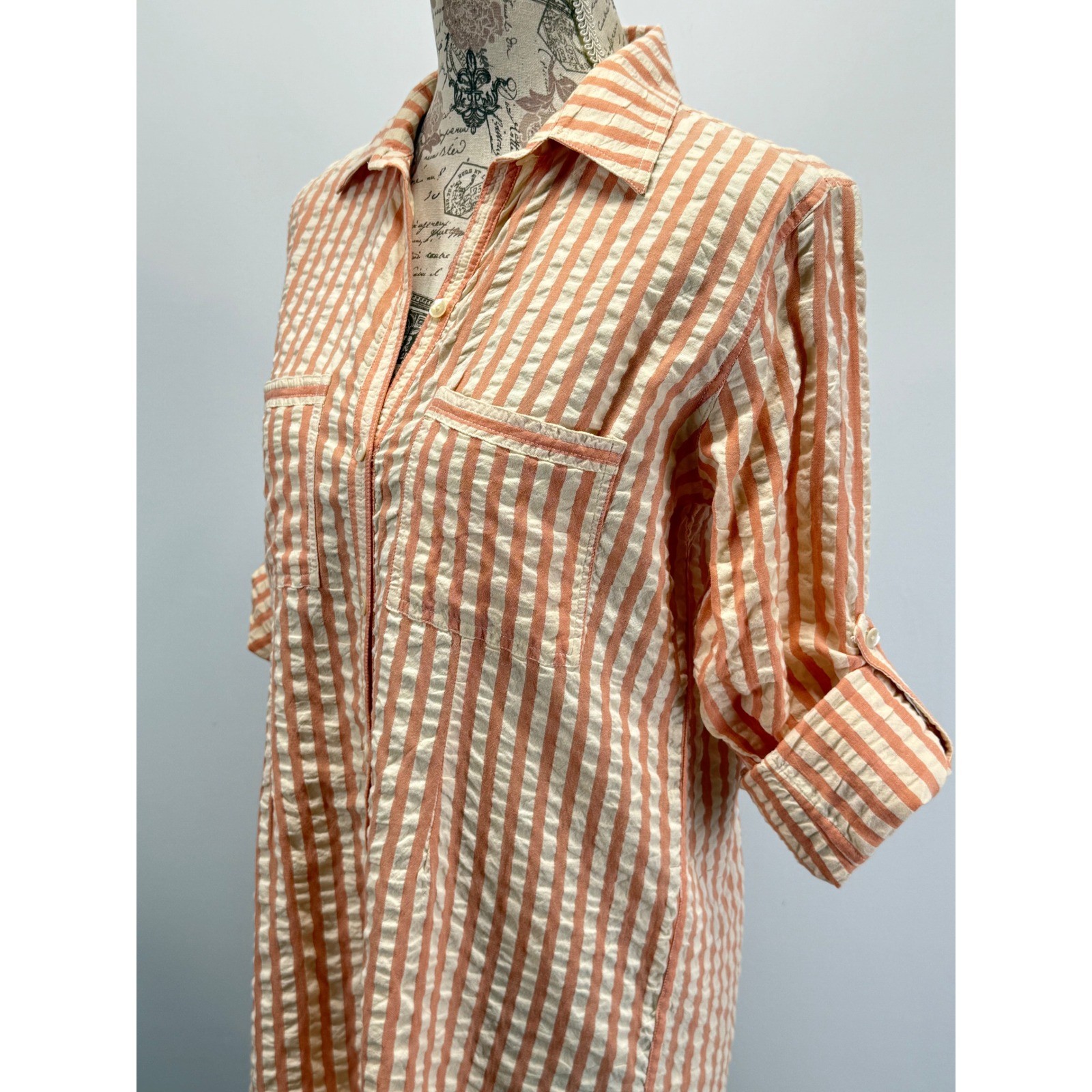 Roller Rabbit Orange White Striped Seersucker Button Front Shirt Dress Sz S