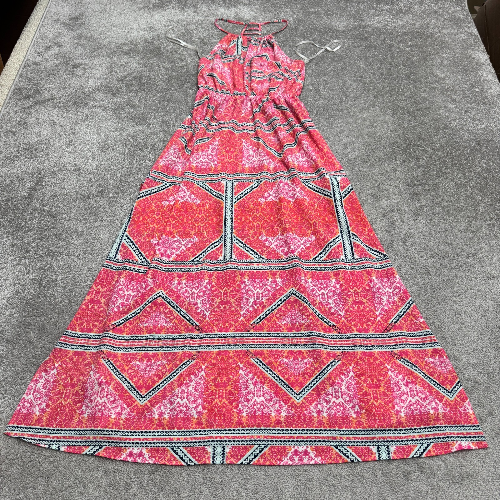 Minkpink Geometric Halter Maxi Dress Women Medium Pink Orange Backless Slit NWOT
