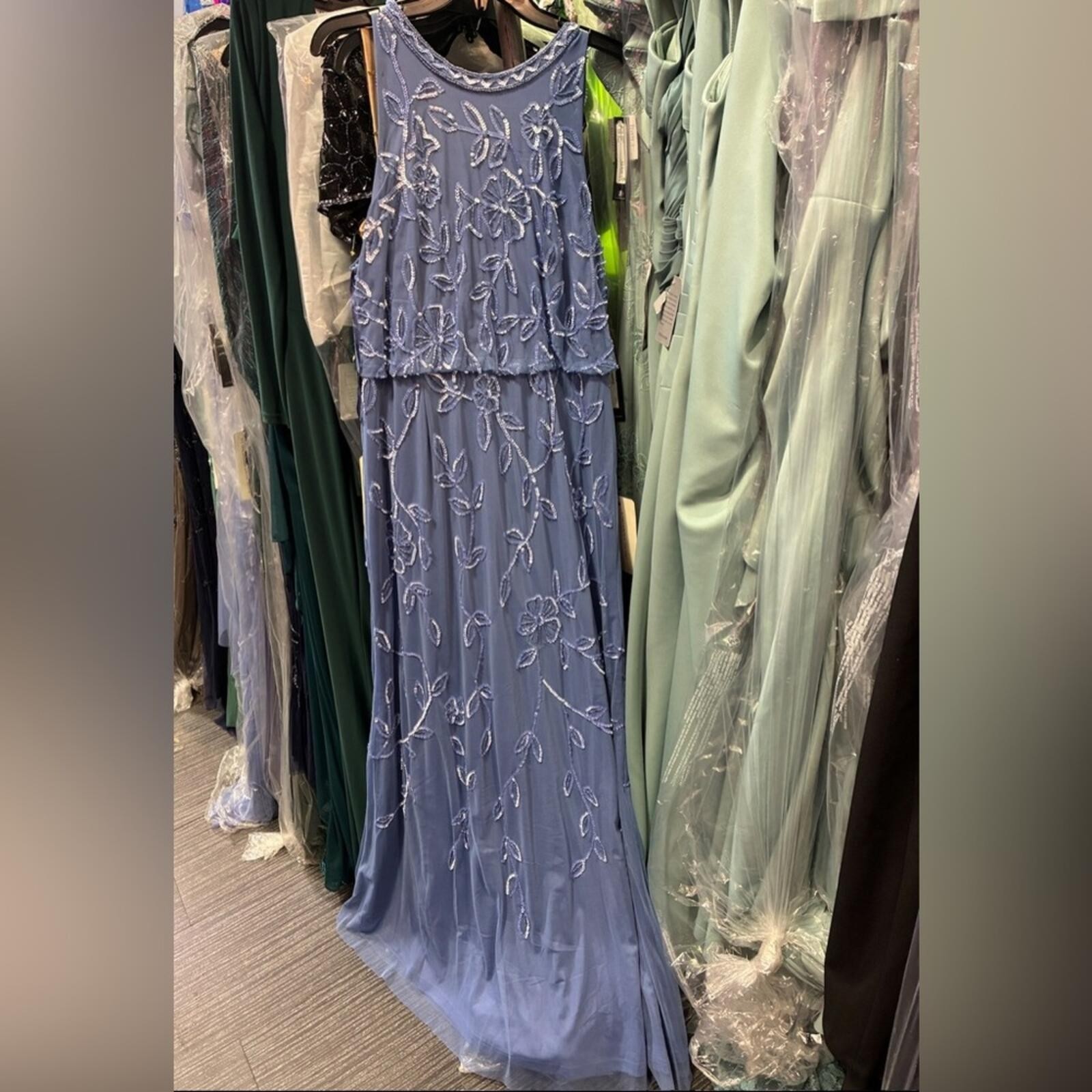 Adrianna Papell Beaded Mesh Gown Blue Floral Formal Bridesmaid SZ 8 NWT Blouson