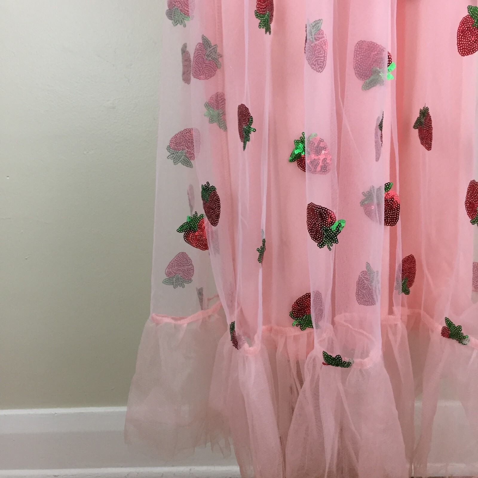 Pink Chiffon Red Green Strawberry Sequin Low V Neck Belted Dress Womens sz Small