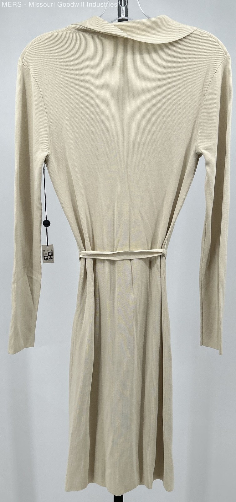 Max Studio Women’s Beige Ribbed Button Down Dress Medium Long Sleeve Tie Waist