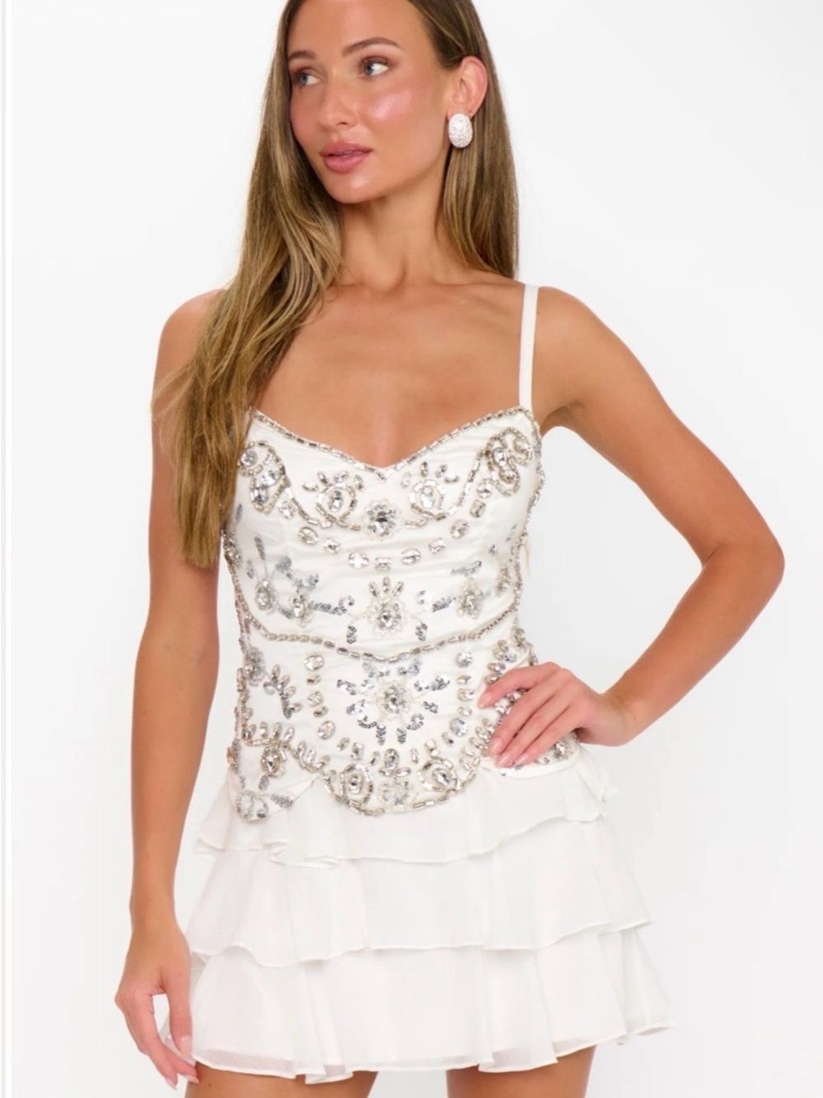 Show Me Your Mumu Kiara Rhinestone Embellished Ruffle White Mini Dress size XL