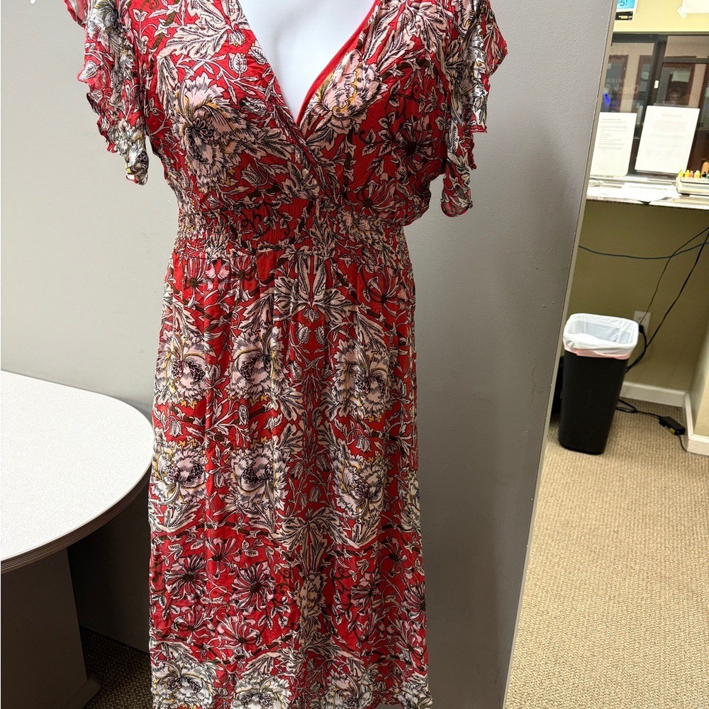 Le Raganne Silk Blend Red Floral Midi Dress
