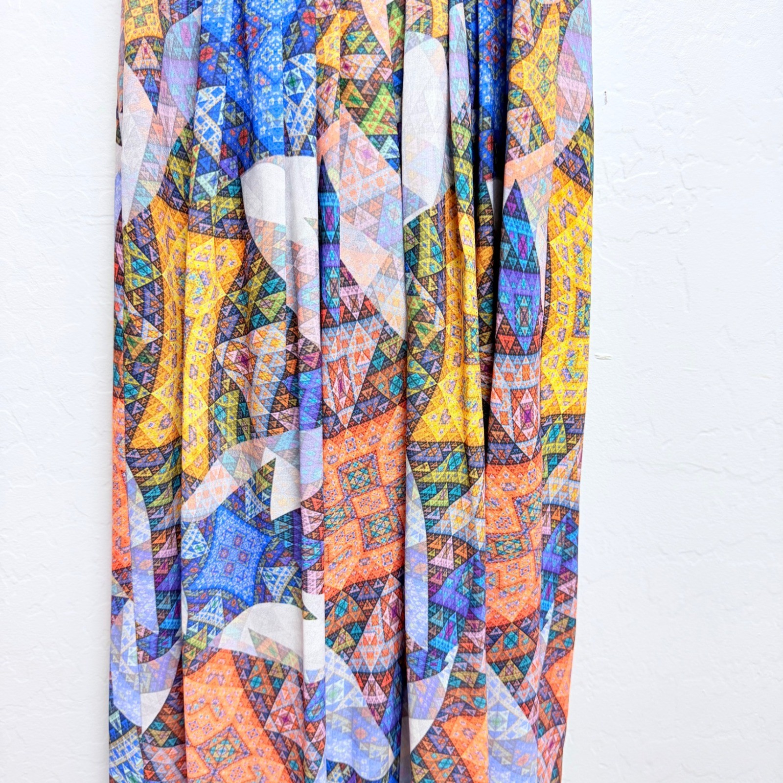 Anthropologie Ranna Gill Geometric Patchwork Pom Pom Maxi Dress Blue Orange M