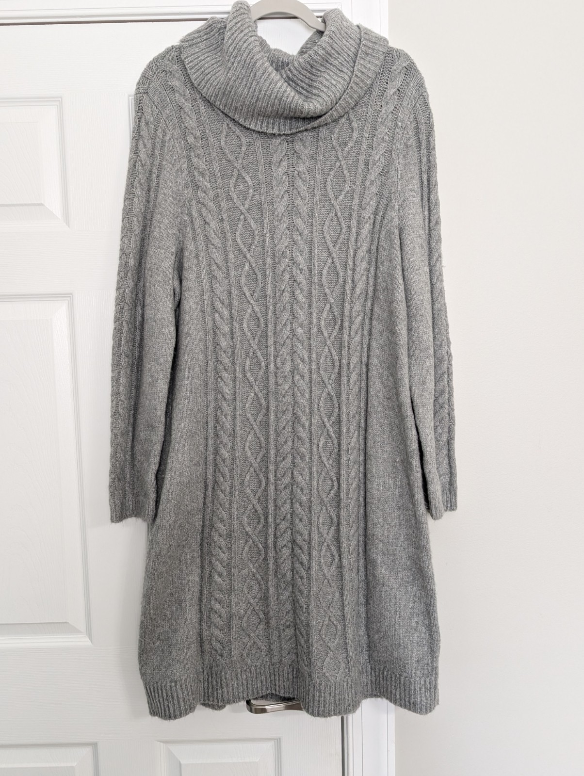 Talbots XL Cowl Neck Grey Chunky Cableknit Fisherman Sweater Knee Length Dress