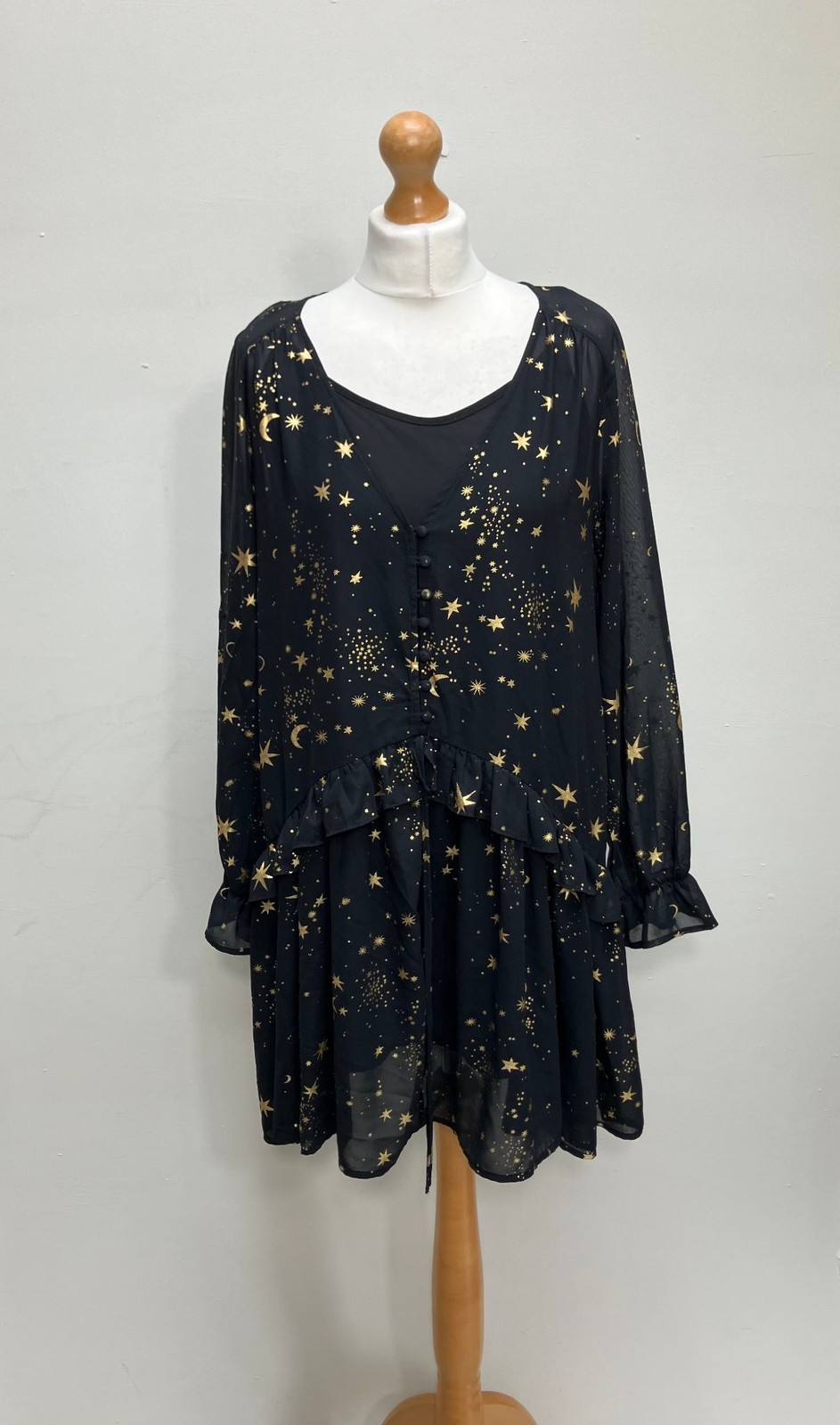 IF BY SEA Dress Womens M Black Gold Star Moon Ruffle Long Sleeve Floaty Buttons