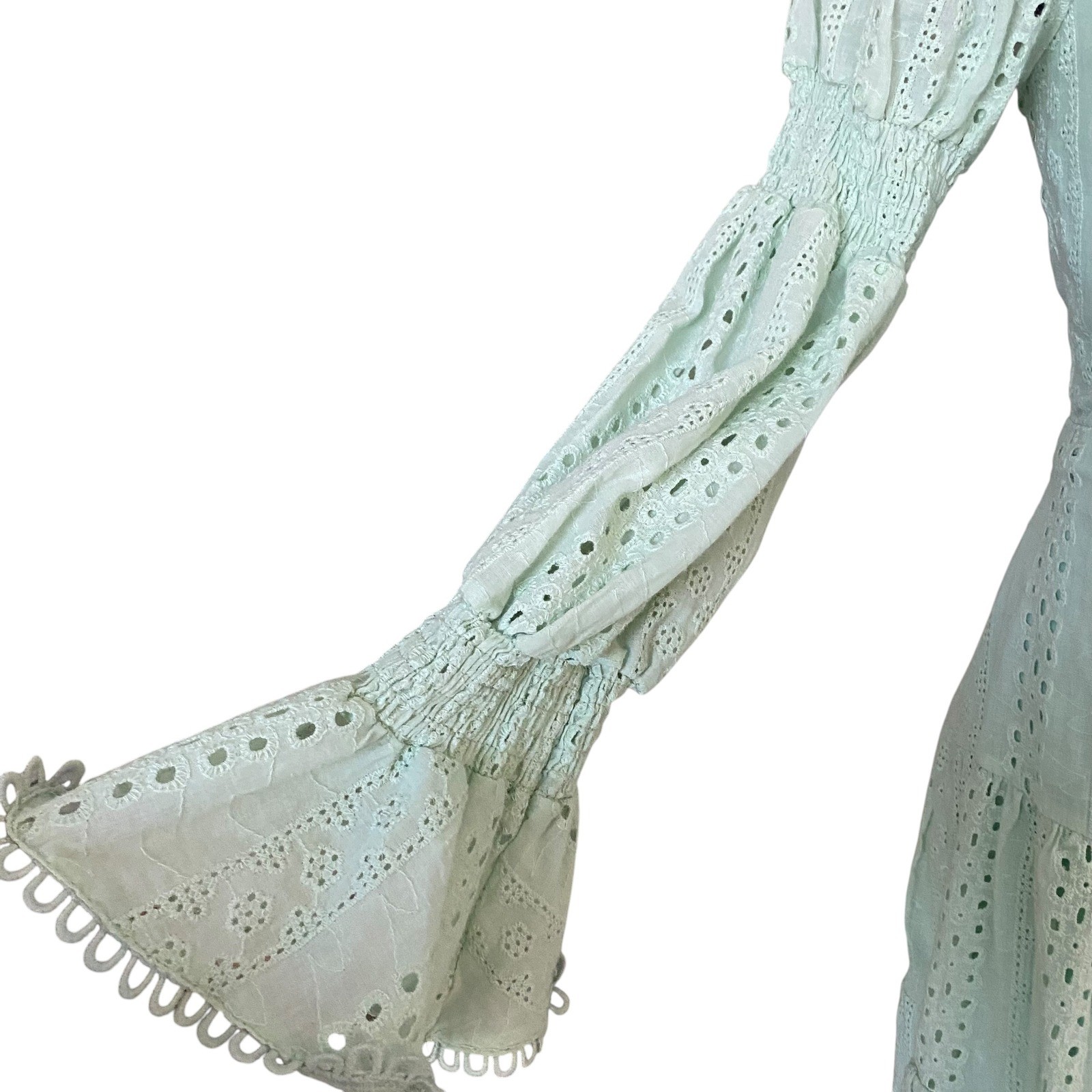Chicways Eyelet Lace Mini Dress Womens L Mint Green Cutout Bell Sleeve NWT