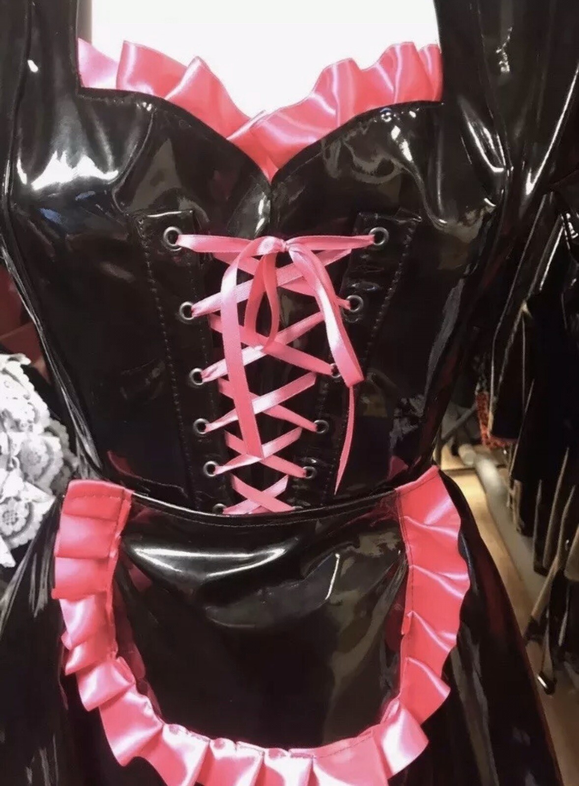 Misfitz black PVC & hot pink satin lace up Sissy Maids dress. SIZE 20. TV CD