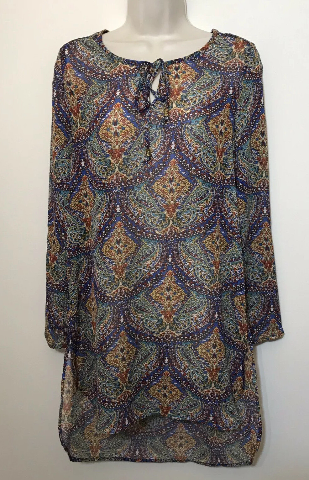 Bobeau Small Tunic Dress Blue & Green Long Sleeve Semi Sheer Lightweight