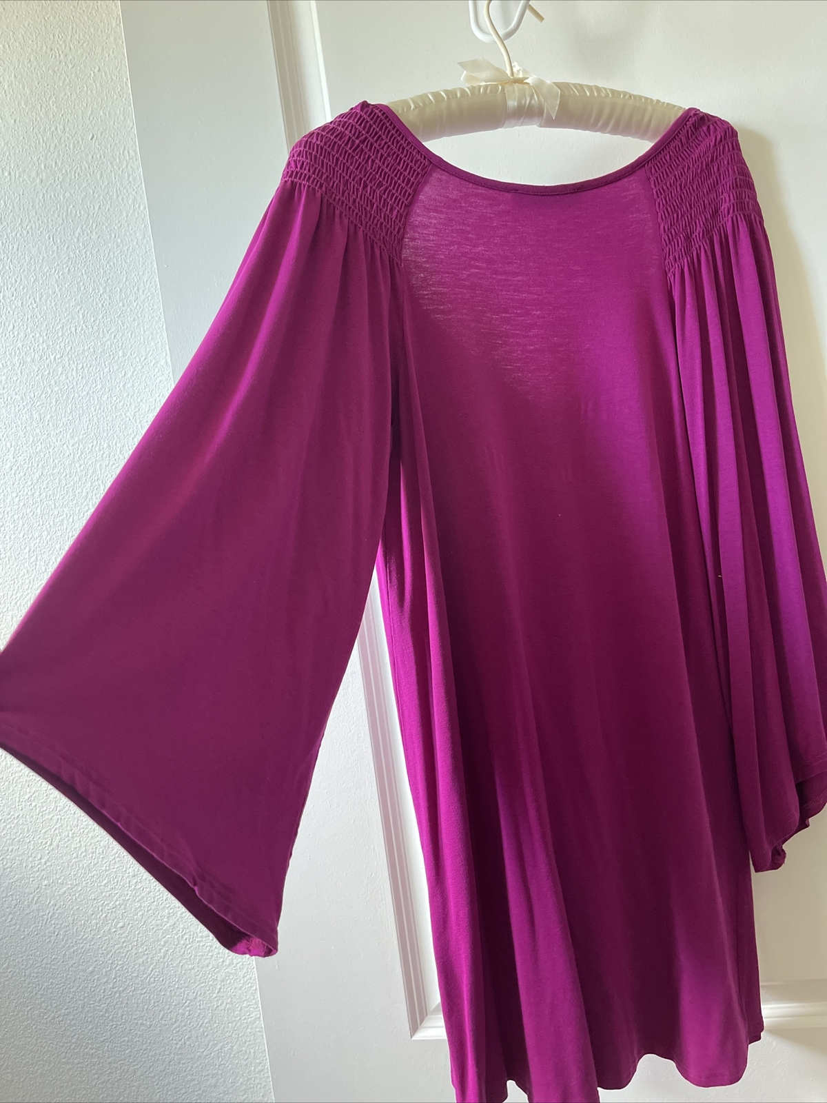 Small Peasant Dress 3/4 Bell Sleeve Empire Waist Gathered Scoop Tie Fuchsia Pink