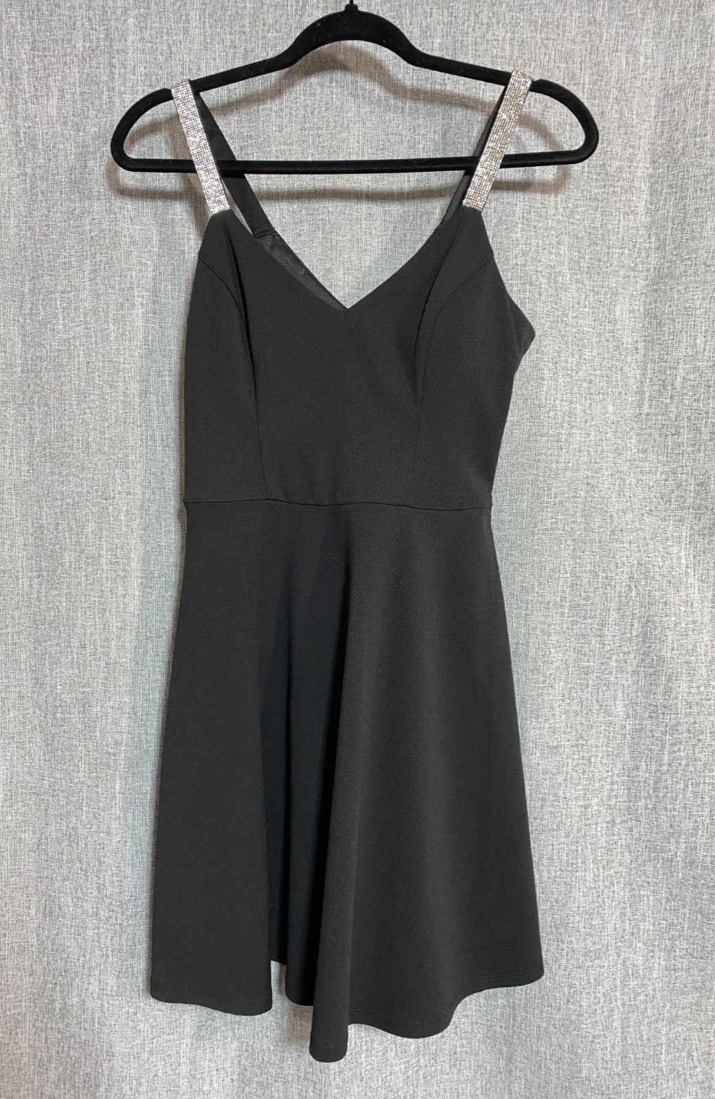 Night Luxe: Rhinestone Studded V-Neck Black Mini Dress, (By & By, Small) NWT