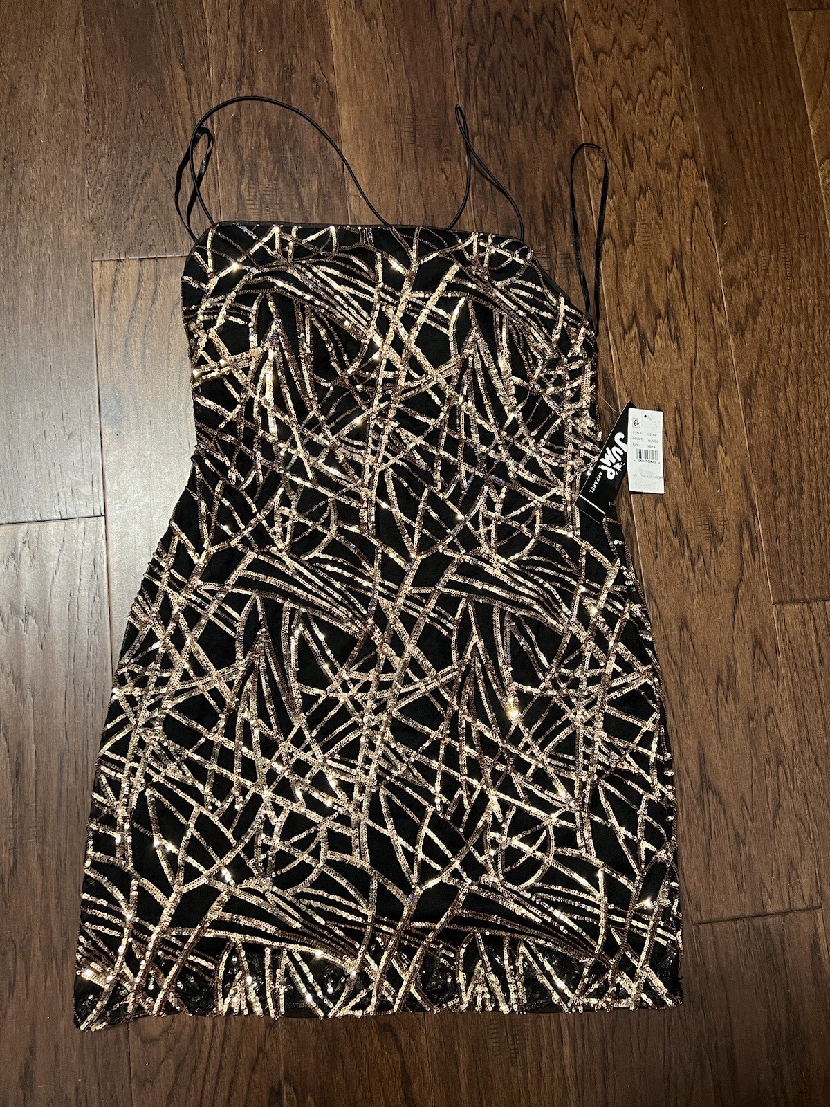 Jump Juniors’ Sequin Spaghetti-Strap Bodycon Mesh Dress – Black Gold, Size 5/6,