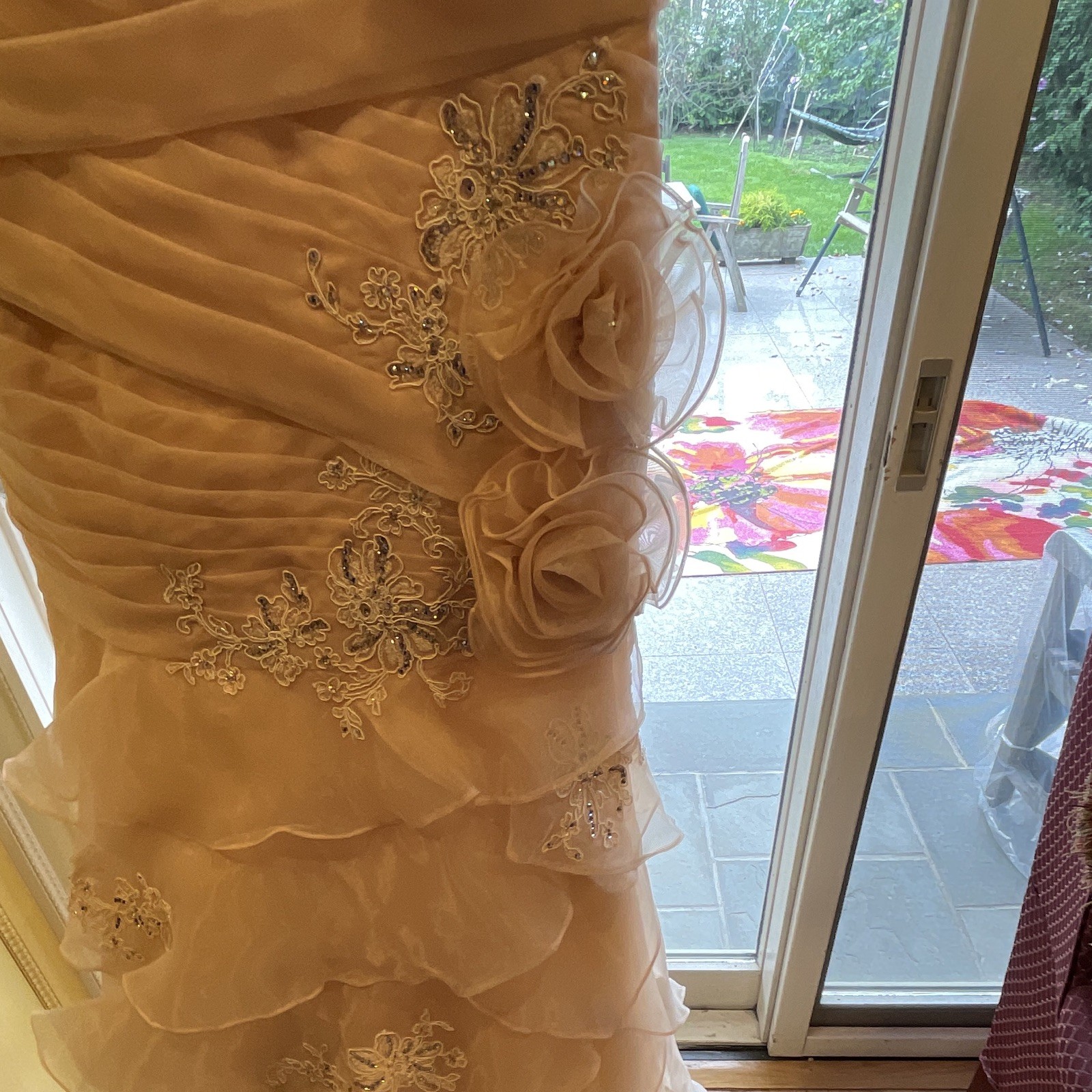 Jovani Champagne Long Formal Gown Sweetheart Ruched Beaded Ruffle Size 14