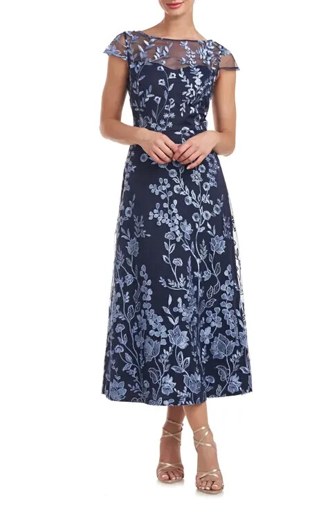 JS Collections Navy Blue Meredith Floral Embroidery A-Line Dress Size 18 $268