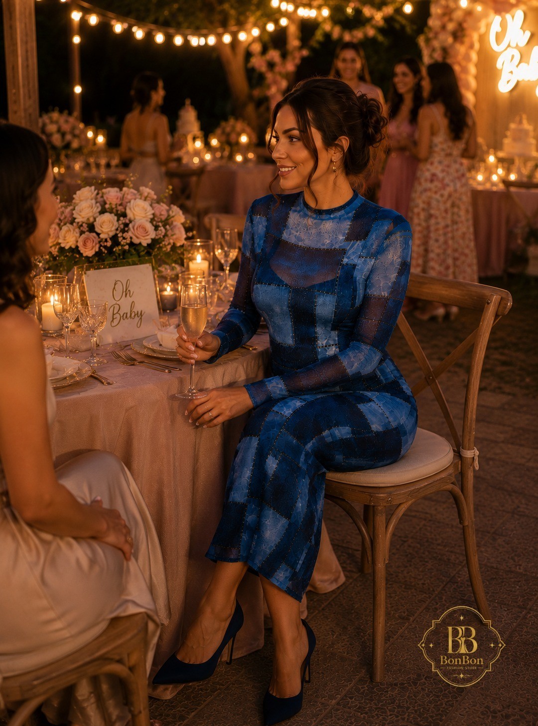 Blue Patchwork Mesh Maxi Dress | Elegant Long Sleeve Bodycon Evening Dress