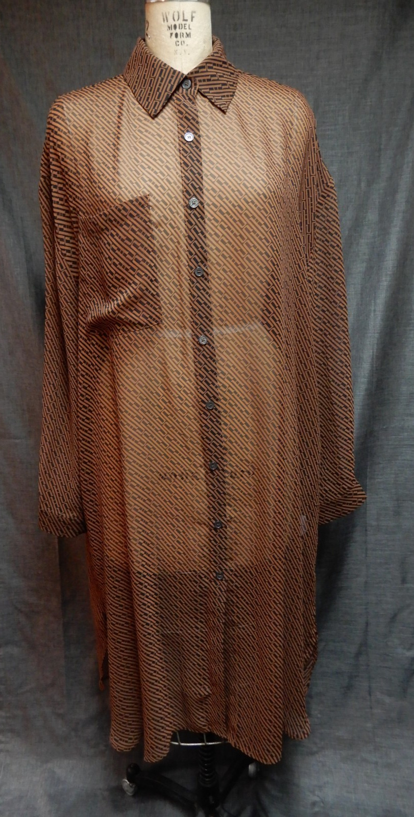 Miss Love Sheer Brown/Black Print Maxi Shirt Dress Beach Cover Up SZ Large NEW