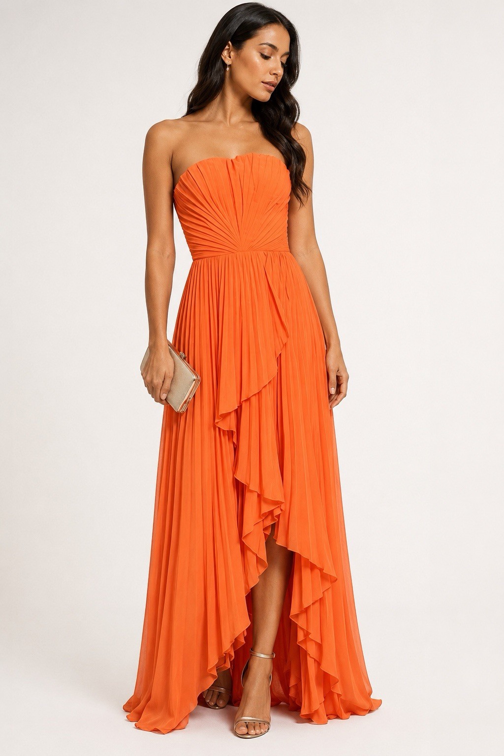 Strapless Pleated Chiffon Maxi Dress High Low Bridesmaid Wedding Guest Gown Sz 6