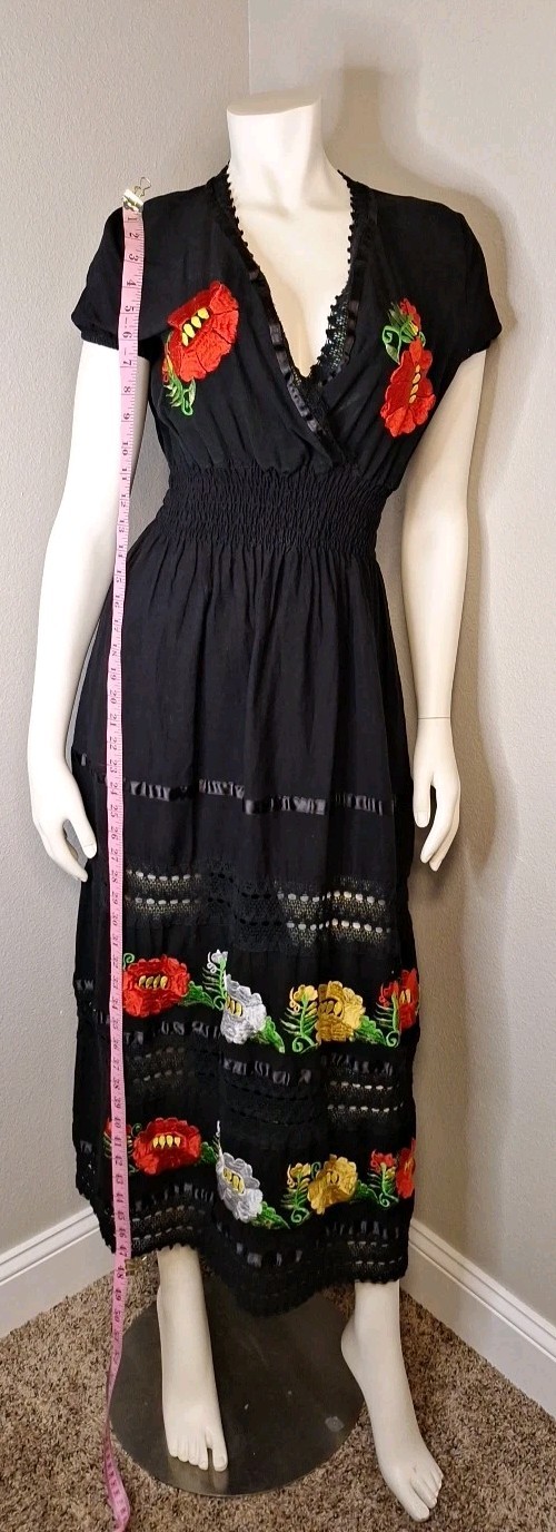 Black Long Mexican Dress Embroidered Colorful Flowers Size S Lace Trim Mexico
