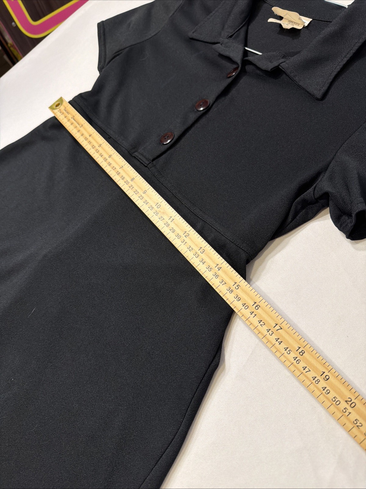 Pink Martini Short Sleeve Sheath Solid Black 1/4 Button Dress Sz S With Back Tie