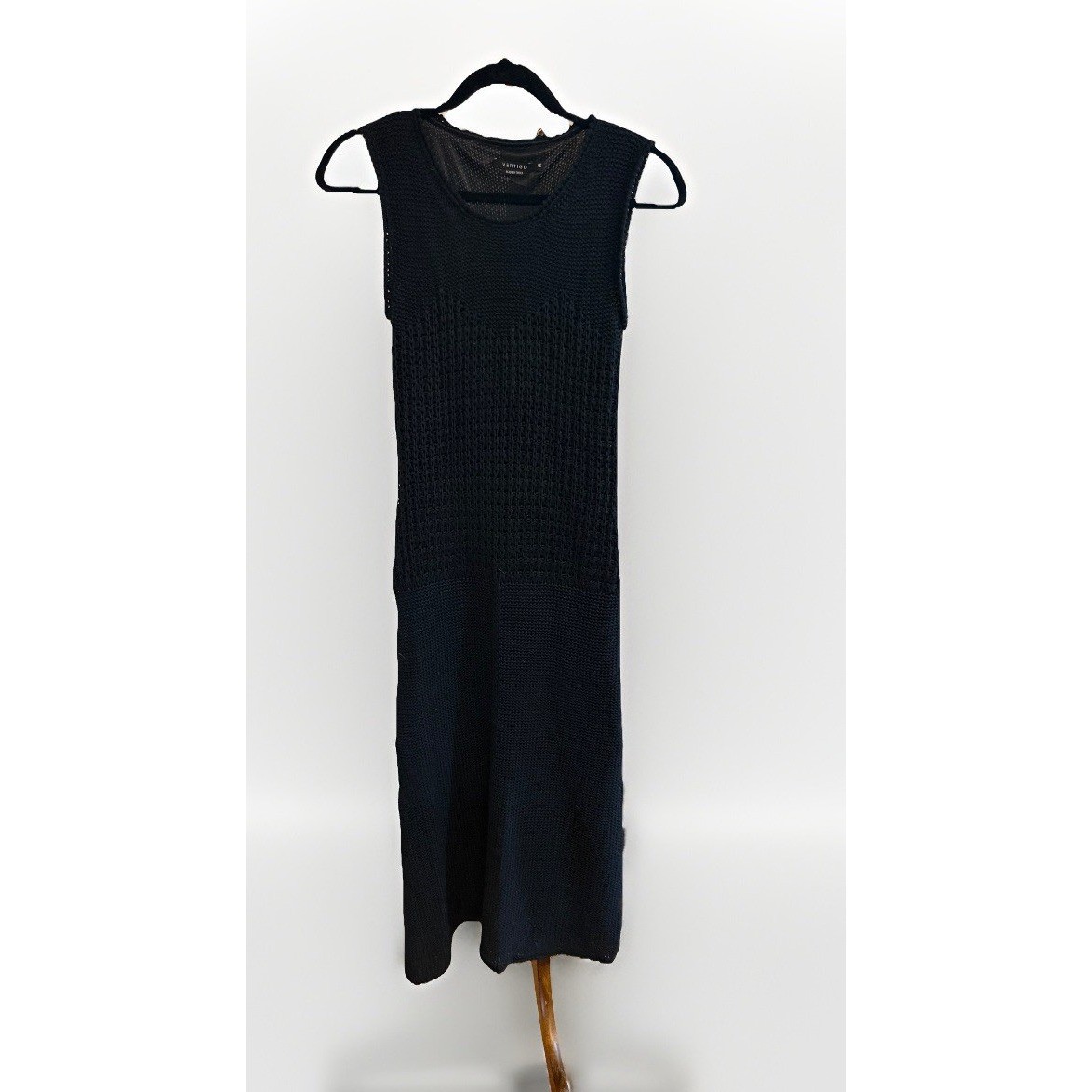 Vertigo Paris Black Crochet Knit Midi Dress XS Drop Waist Sleeveless Lined NWOT