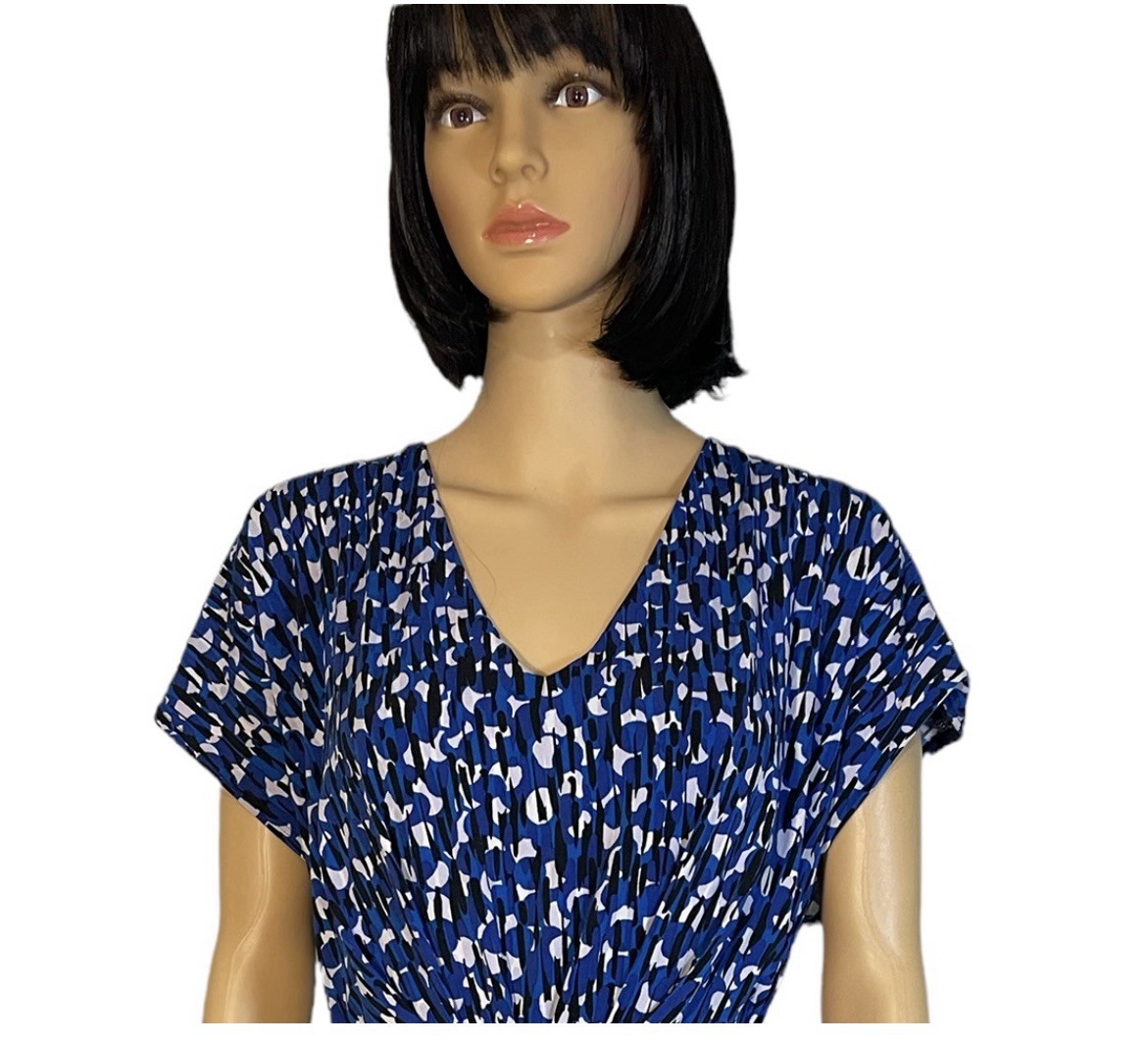 Coldwater Creek 14 Blue Print Polyester Knit Sleeveless Knee-length V-neck Dress