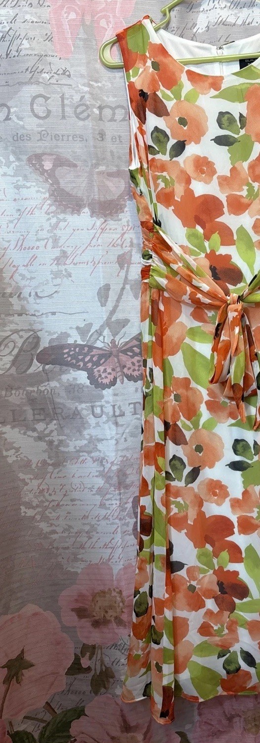 BLACK LABEL by Evan-Picone Women’s 12 Orange Floral Midi Sleeveless Dress Lined*
