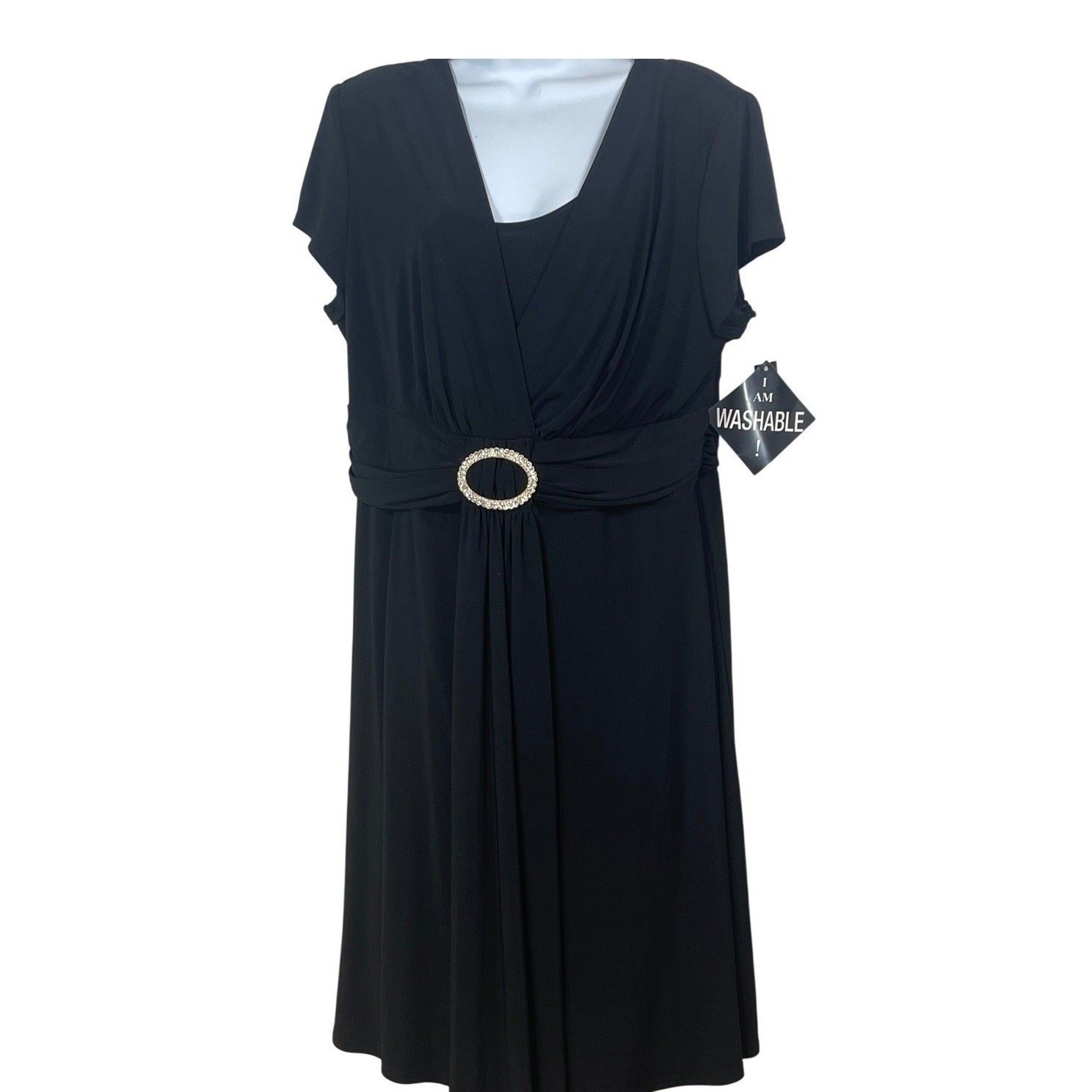 R&M Richards Black Rhinestone Buckle Ruched Cocktail Dress 18 formal wedding