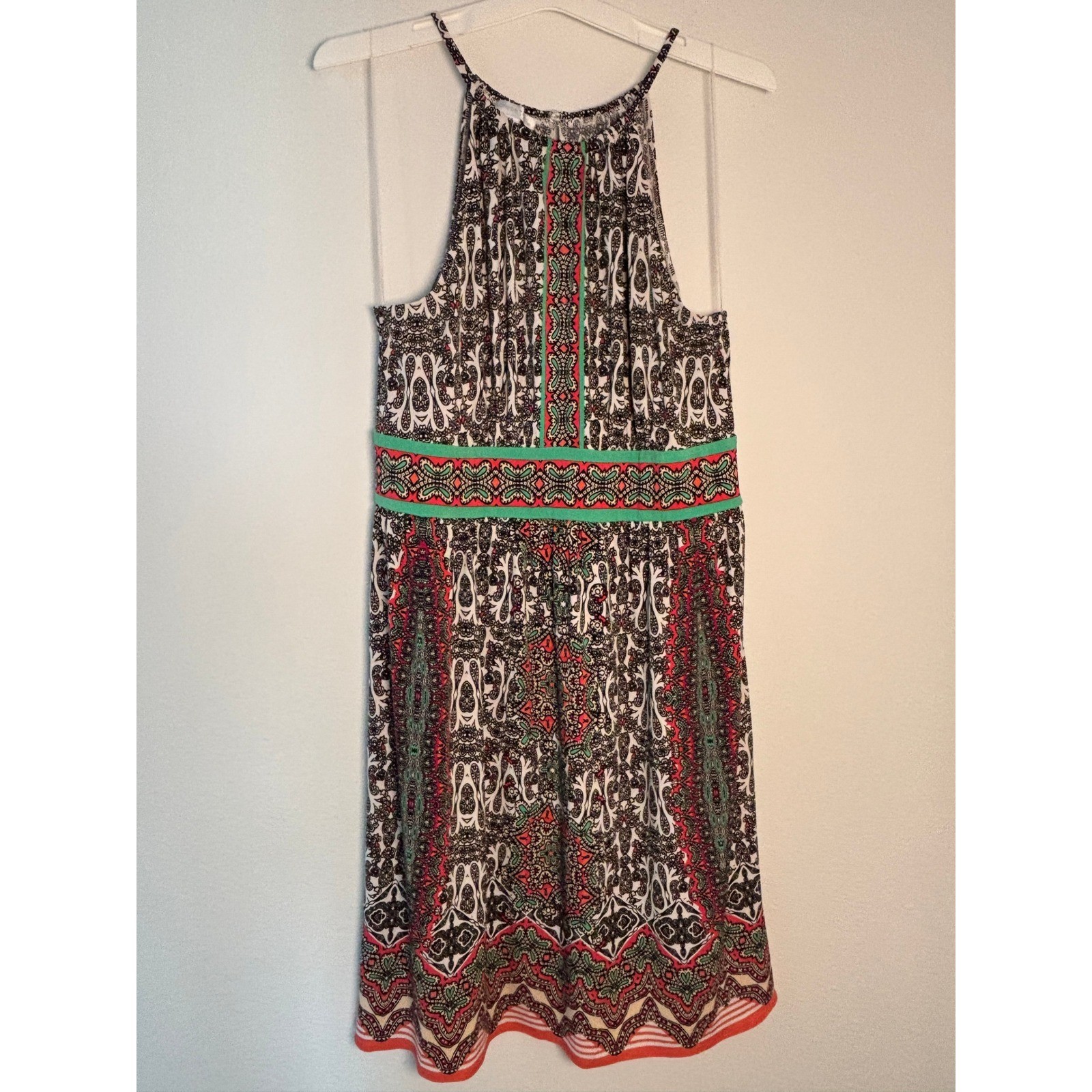 London Times Halter Neck Paisley Print Dress Black Green Coral 14 Boho A-Line