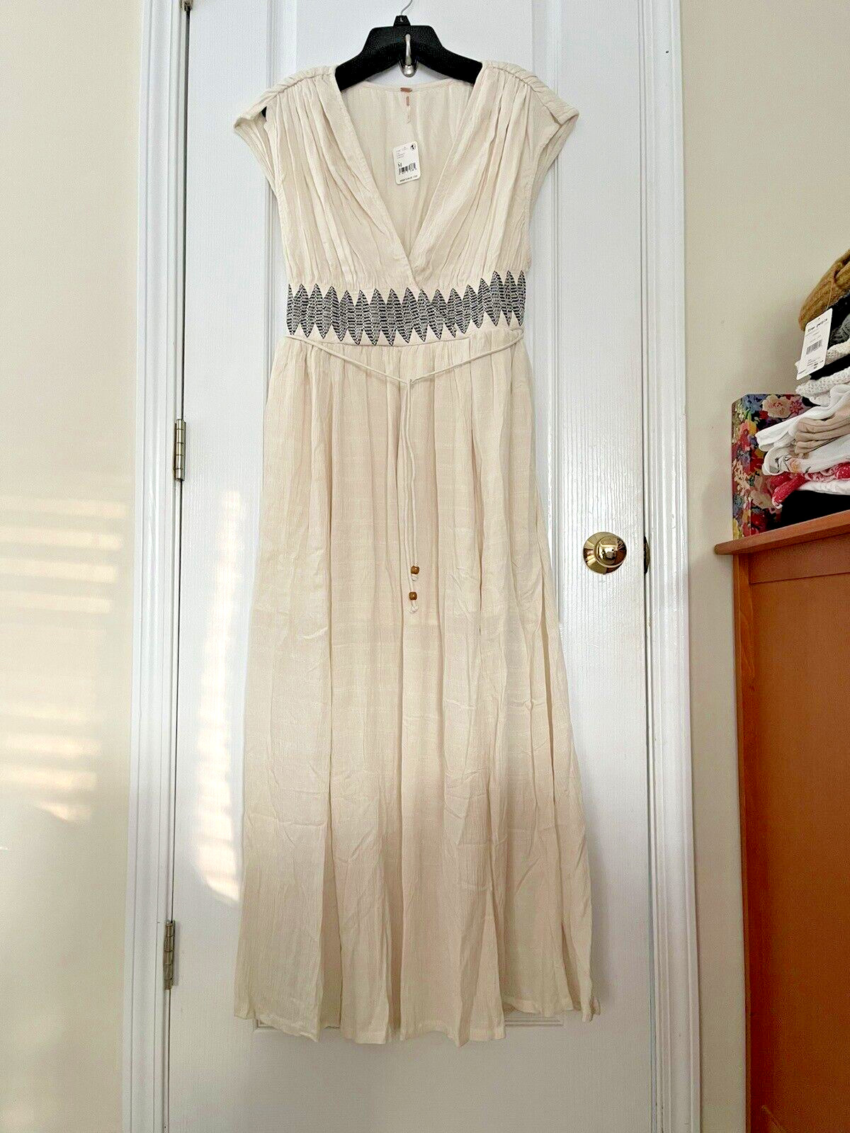 NWT $168 Free People Devon Midi Maxi Dress Gauzy In Ivory Pockets Side Slit Sz M