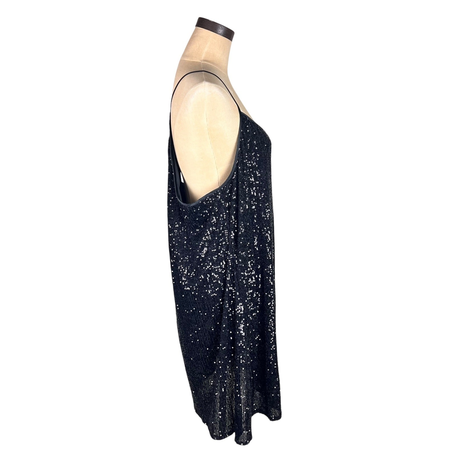Jade by Johnny Was Black Sequin Silk Lined Mini Dress XL Racerback Swing