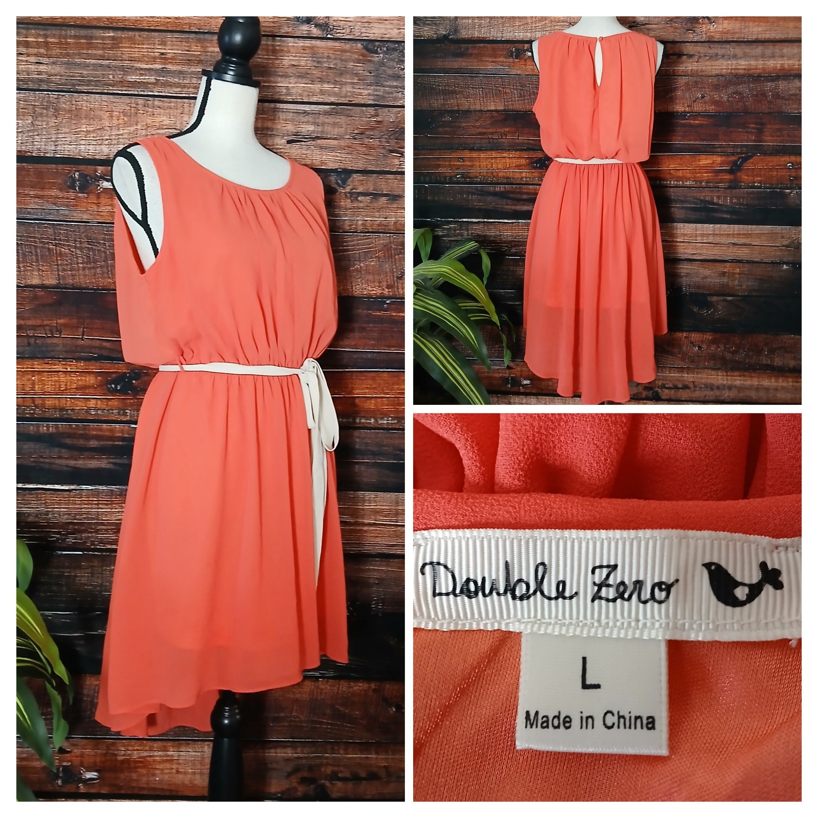 Double Zero Dress Large Belted Elastic Waist Flowy Sheer Lined Hi Low Keyhole