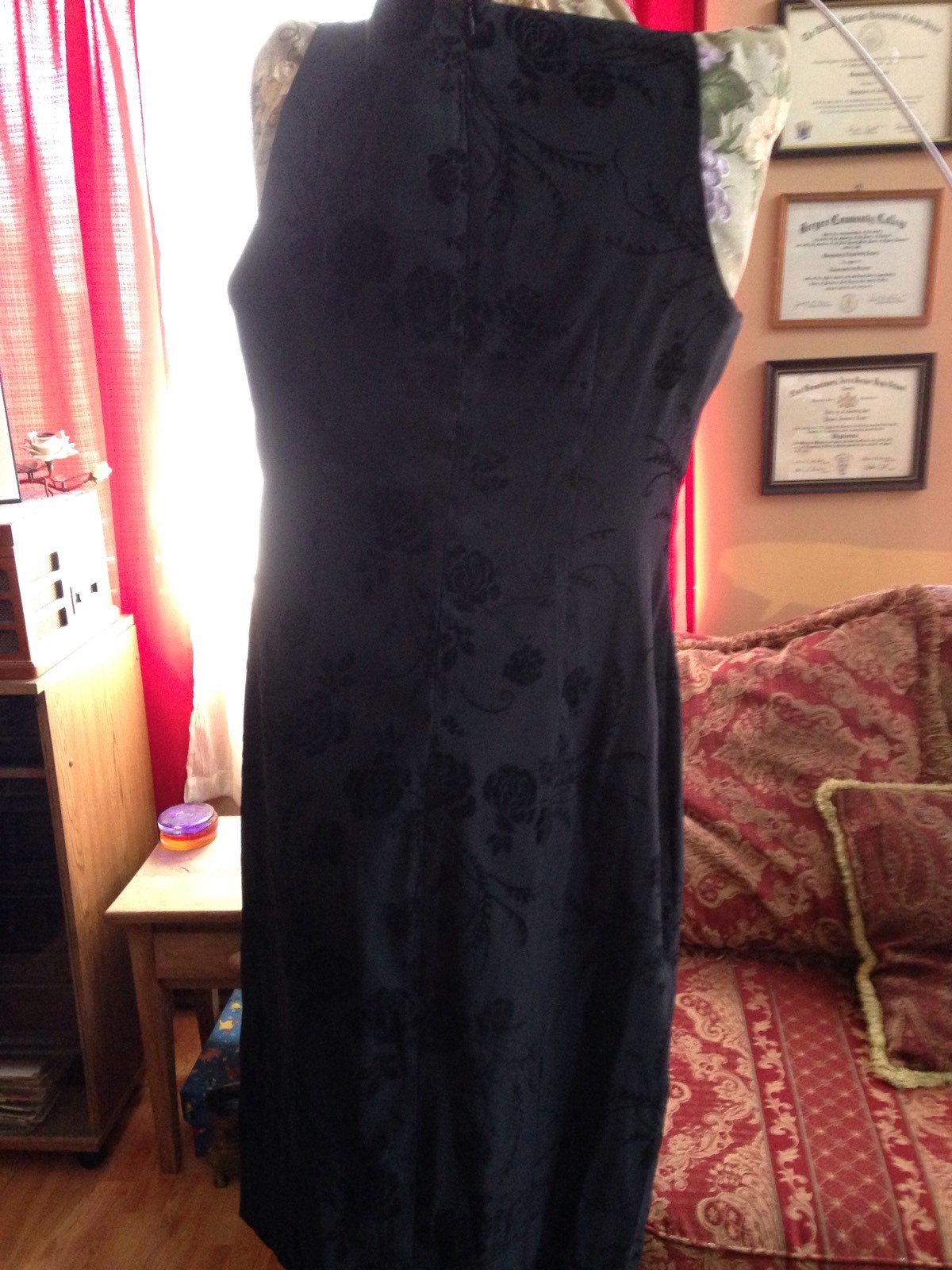 CDC Little Black Dress, Size 14 with Velour Floral Pattern. 97% poly/3% spandex