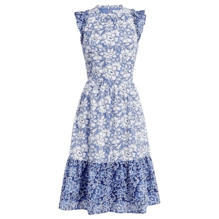 J.Crew Blue Floral Block Print Ruffle Tiered Midi Dress Pockets CA214 Sz 12 NWT