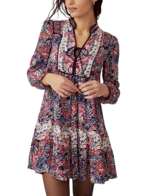 Anthropologie Paisley Mini Dress Sz S Boho Floral Long Sleeve Flowy Spliced