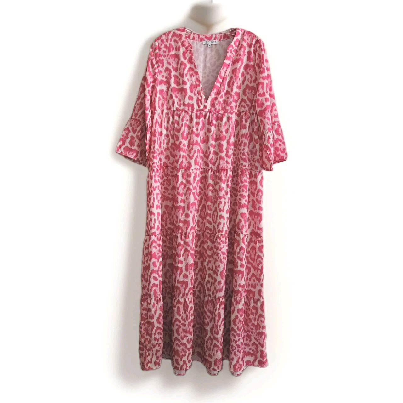 Cezele Size Medium M Pink White Animal Print Dress Midi Tiered