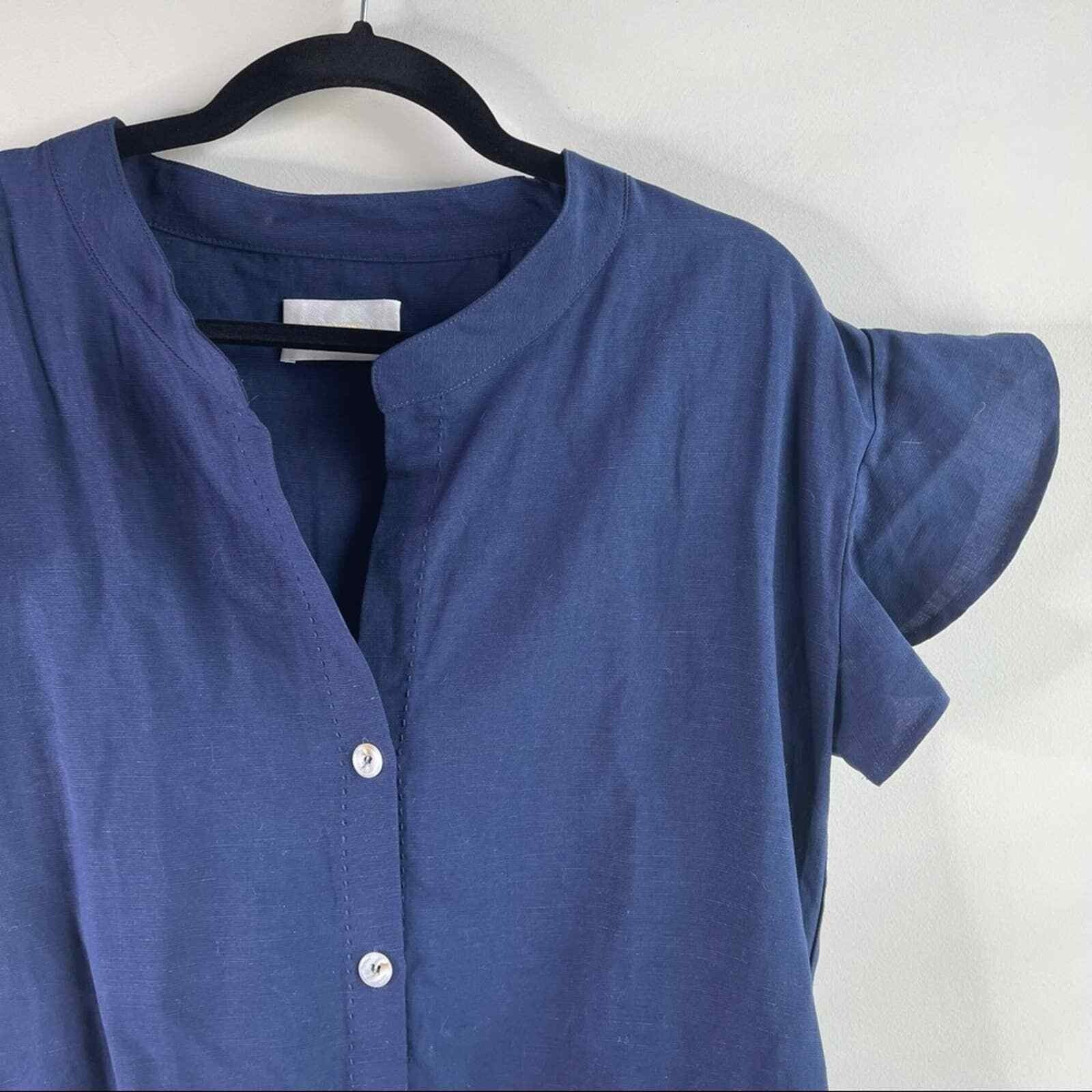 Sancia anthropologie blue linen button front ruffle sleeves size XS vacation