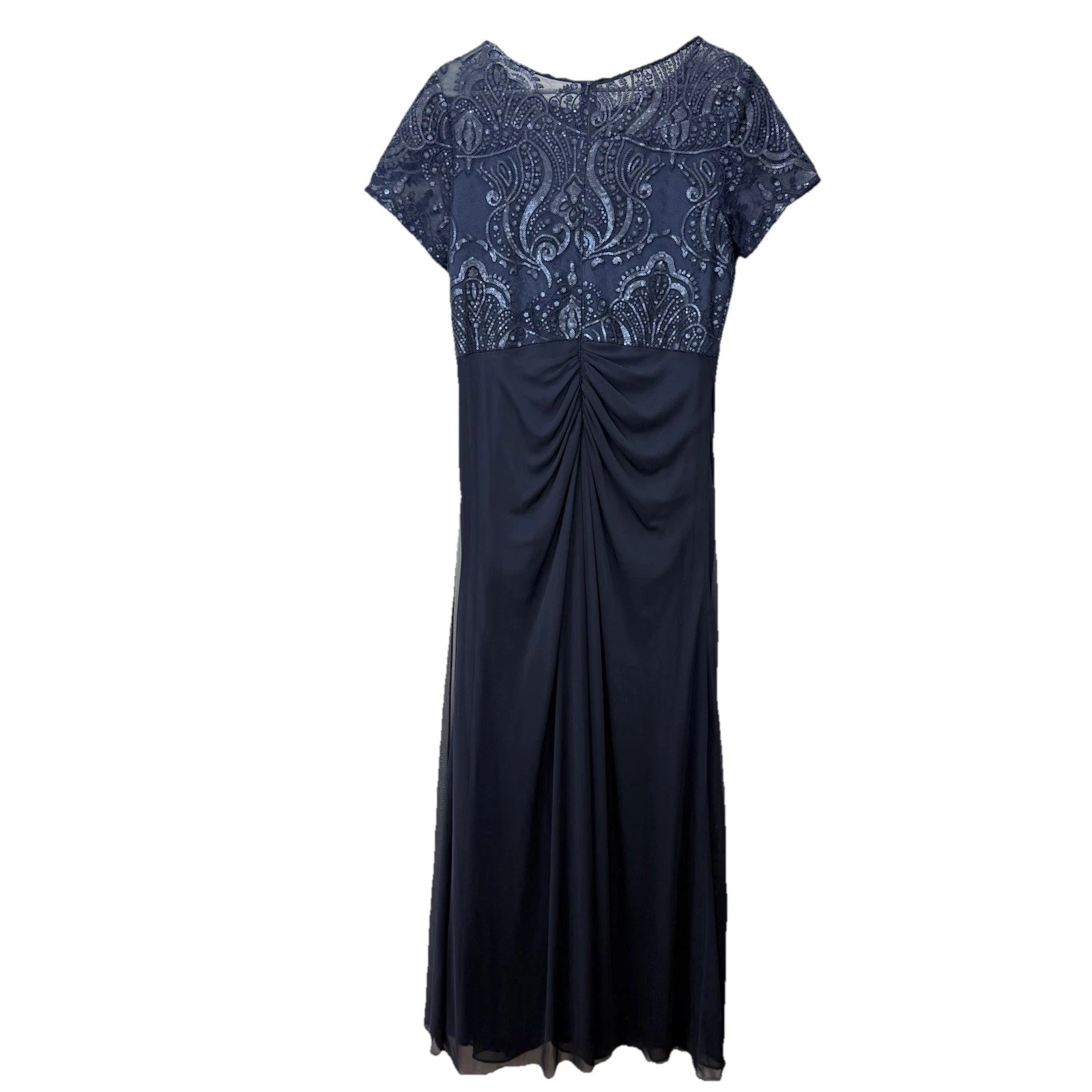 Alex Evenings Navy Blue Sequin Draped Short Sleeve Maxi Dress Size 10 Wedding