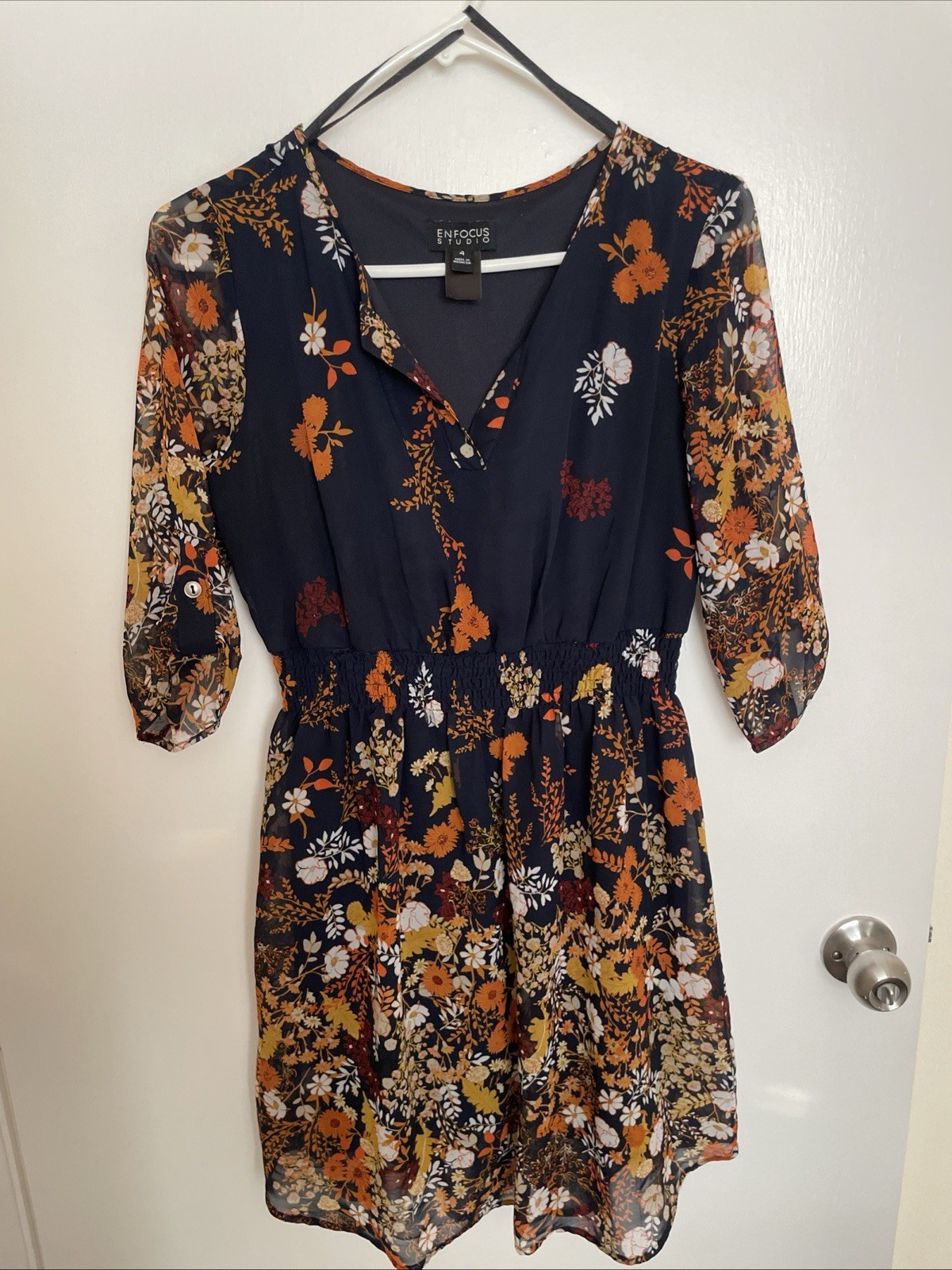 Navy Woman’s Small Floral Dress Fall Colors Yellow, Orange, Red Flowers S Size 4