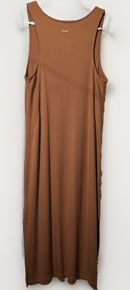 Lou & Grey Brown Ribbed Knit Tank Dress Round Neck Sleeveless Midi Pullover L