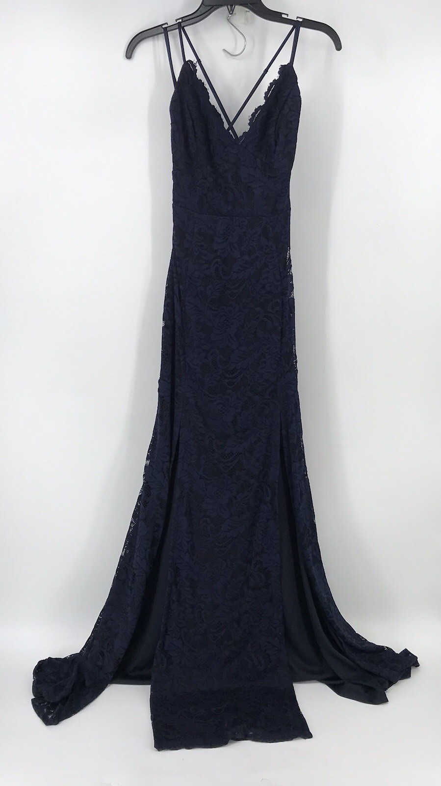 Windsor Formal Maxi Blue Dress V Neck Front Slit Zipper Medium Spaghetti Straps