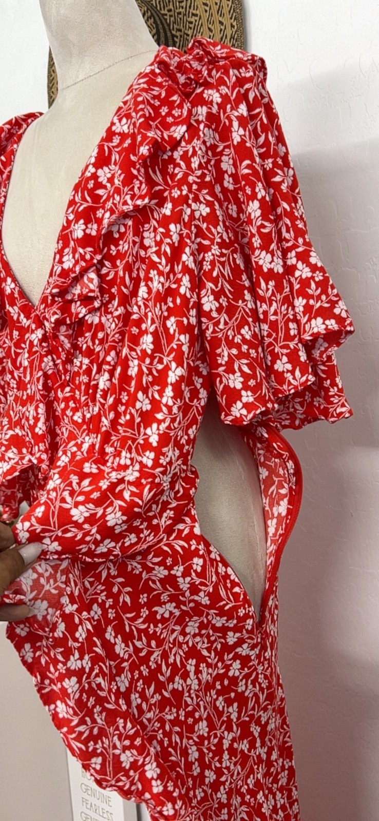 A New Day red garden floral maxi summer sun dress sz XXL – ruffle slit zipper