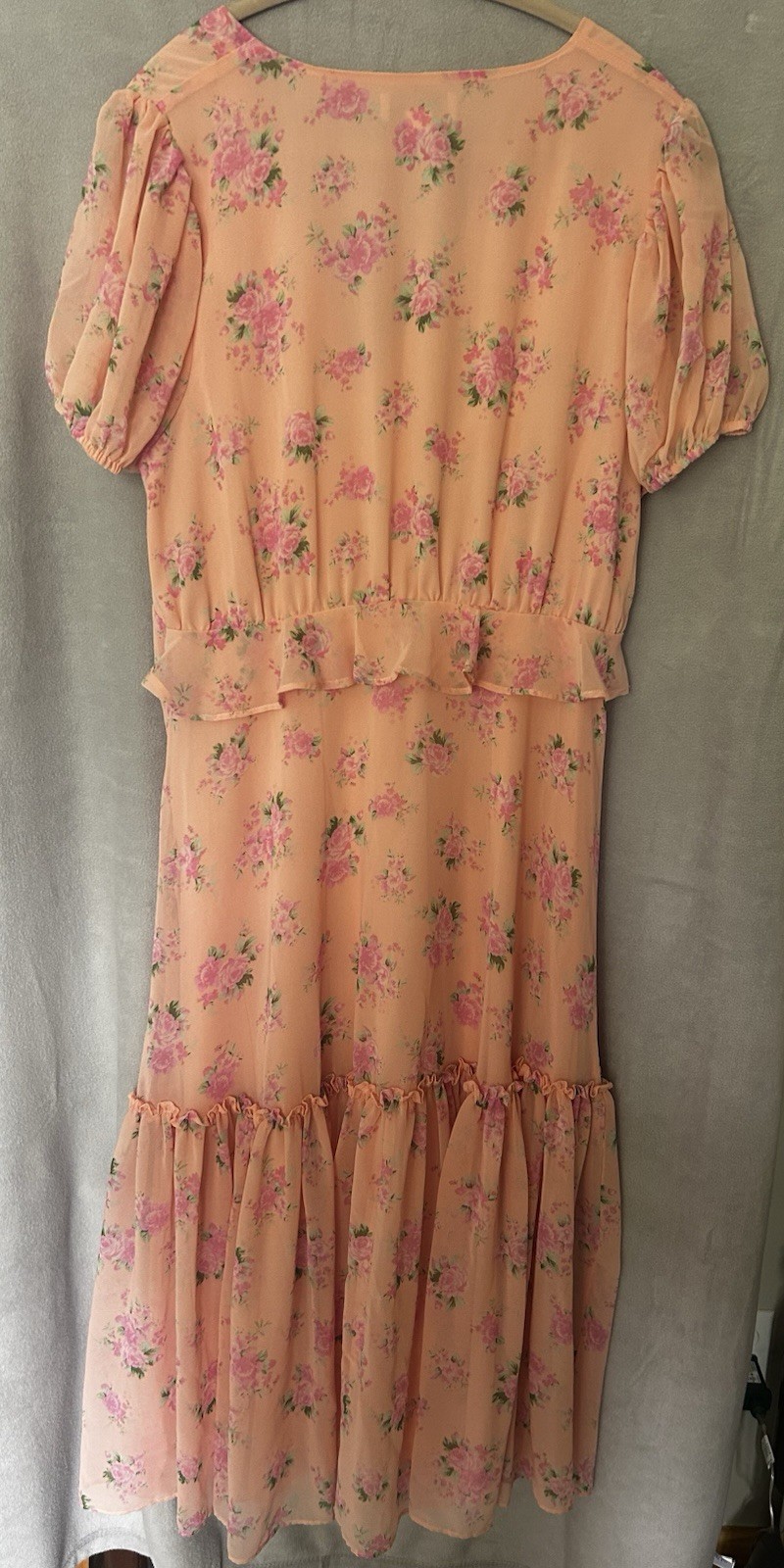 LoveShackFancy Floral V-Neck Puff Sleeve Ruffle Midi Dress Peach Pink 14