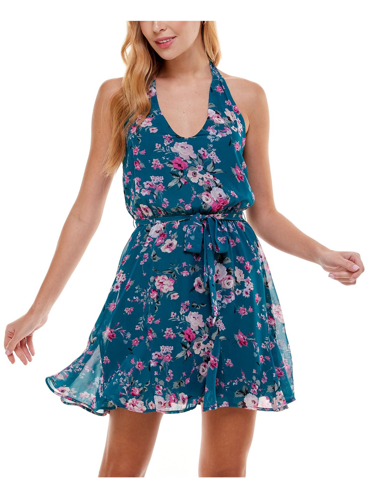 CITY STUDIO Womens Fit + Flare Mini Dress Teal Tie Sleeveless Juniors S
