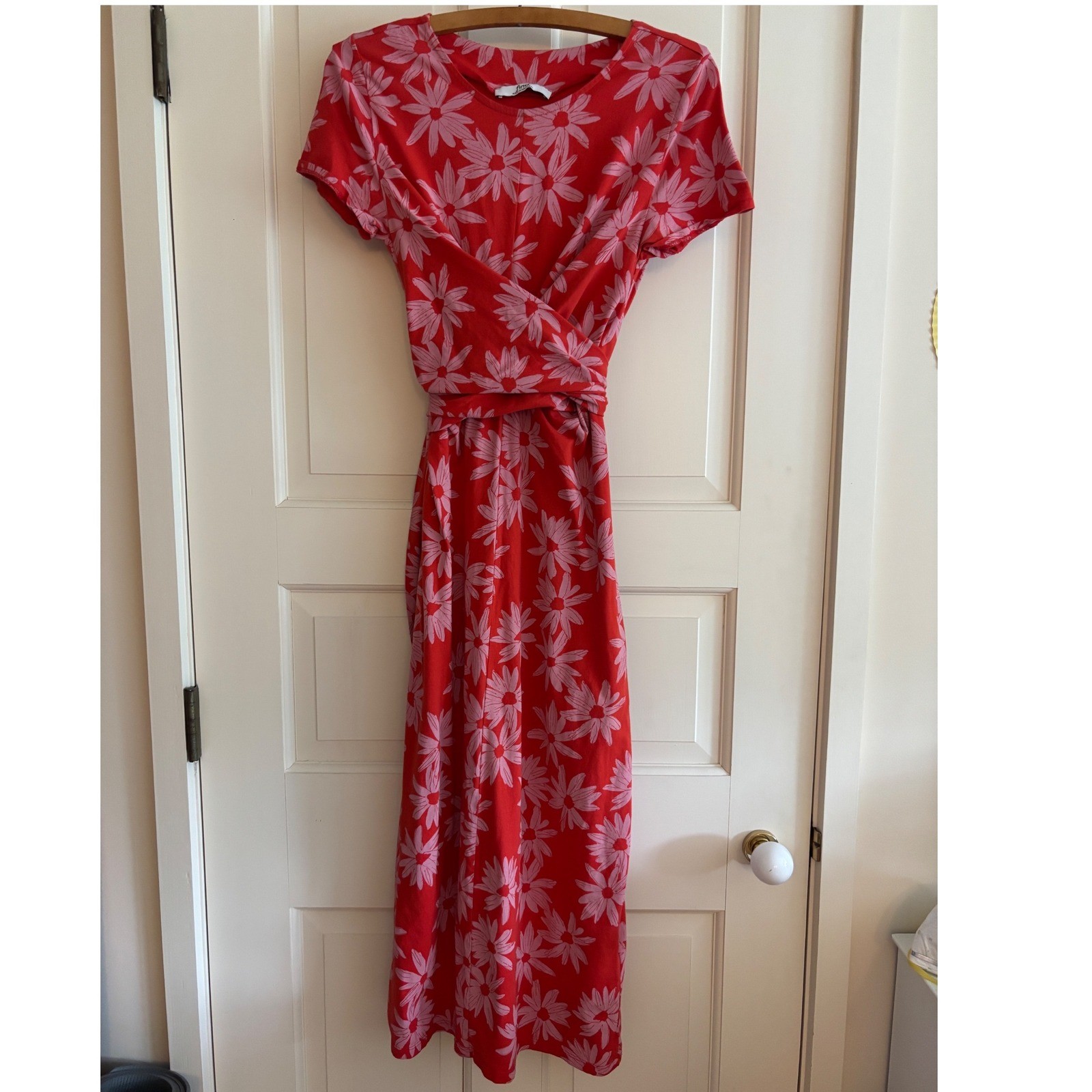 find. Red Pink Daisy Floral Wrap Waist Cotton Midi Dress Short Sleeve Portugal