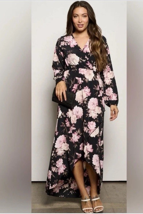 Women’s Floral V-Neck Long Sleeve Hi-Low Maxi Dress Party/Cocktail, Regular