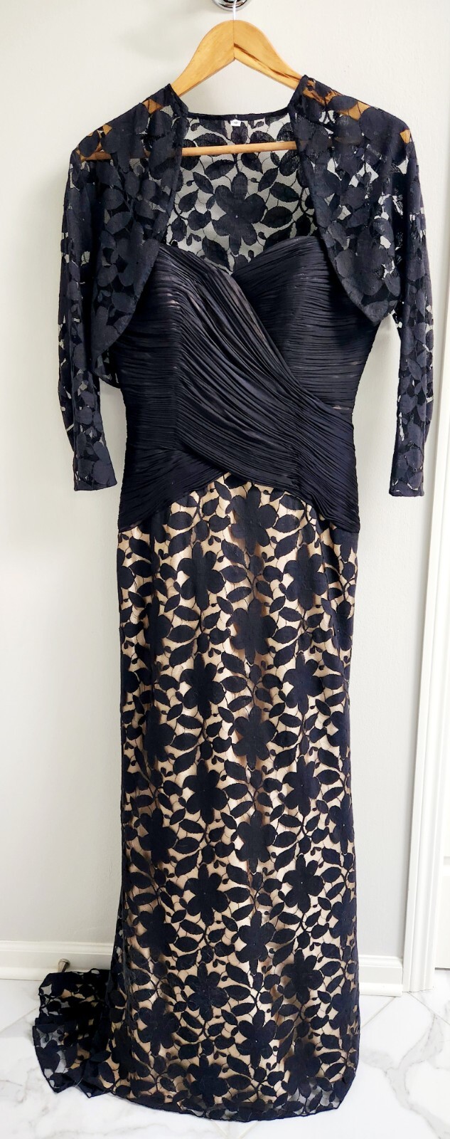 Jovani Long Dress Gown Size 10 Black Lace w/Nude Overlay Silk Evening w/Bolero